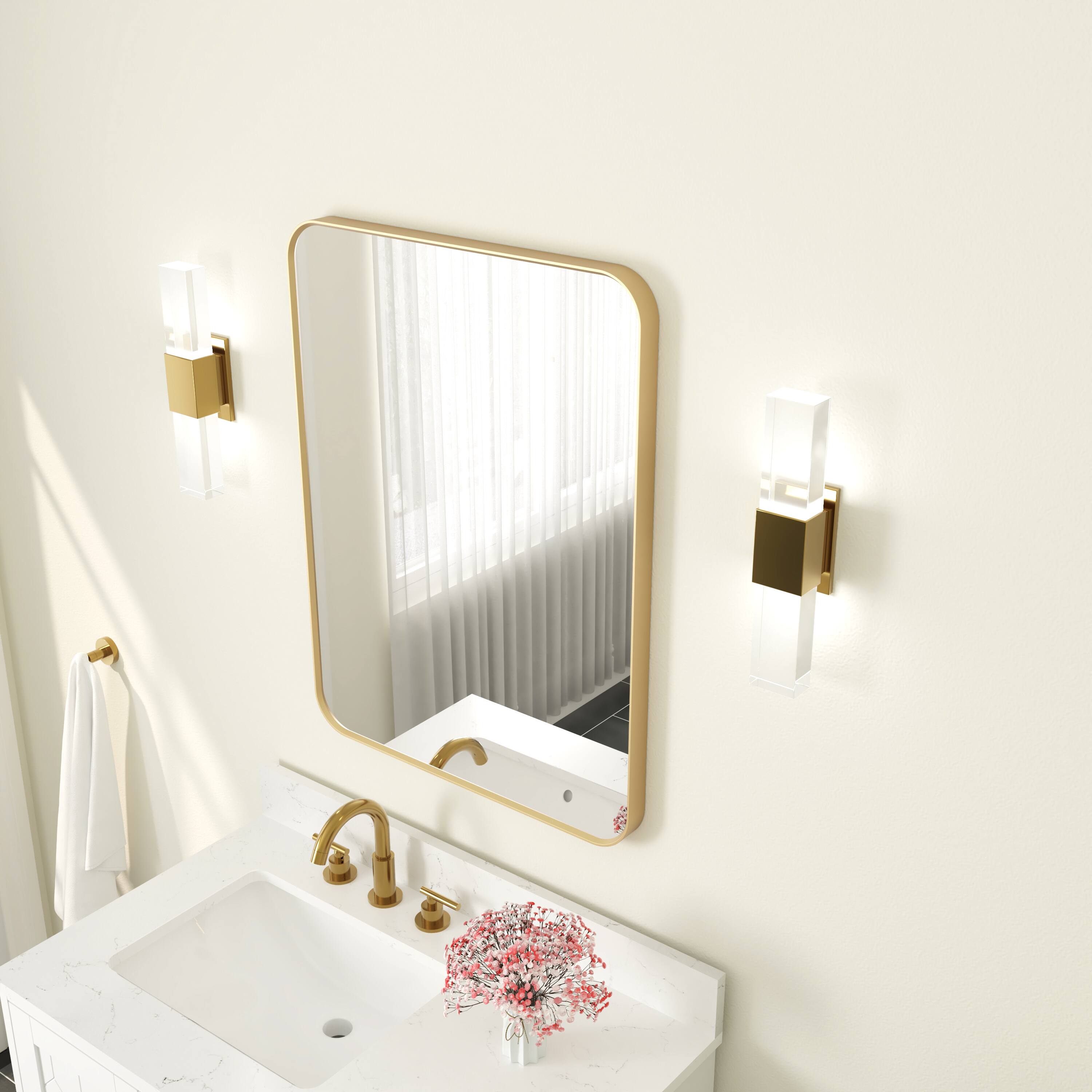 Back. WELLFOR - 24 in. W. x 32 in. H Rectangular Aluminum Framed Wall-Mounted Bathroom Vanity Mirror - Brushed Gold.