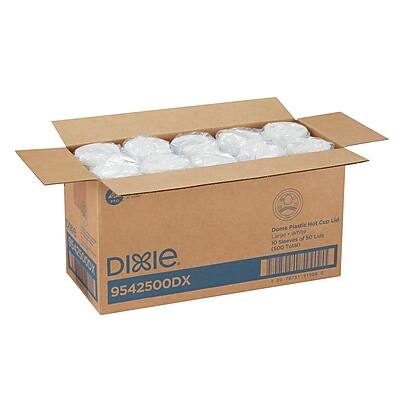 Sure, here is the corrected and grouped text:

- **Product Name:** Dome Cup Lid
- **Material:** Plastic
- **Size:** Large
- **Quantity:** 50 Lids
- **Packaging:** 10 Sleeves
- **Total Count:** 500
- **SKU:** 9542500DX
- **Brand:** DIXIE
- **Description:** Dome-shaped, white plastic cup lid
- **Barcode:** 9542500DX