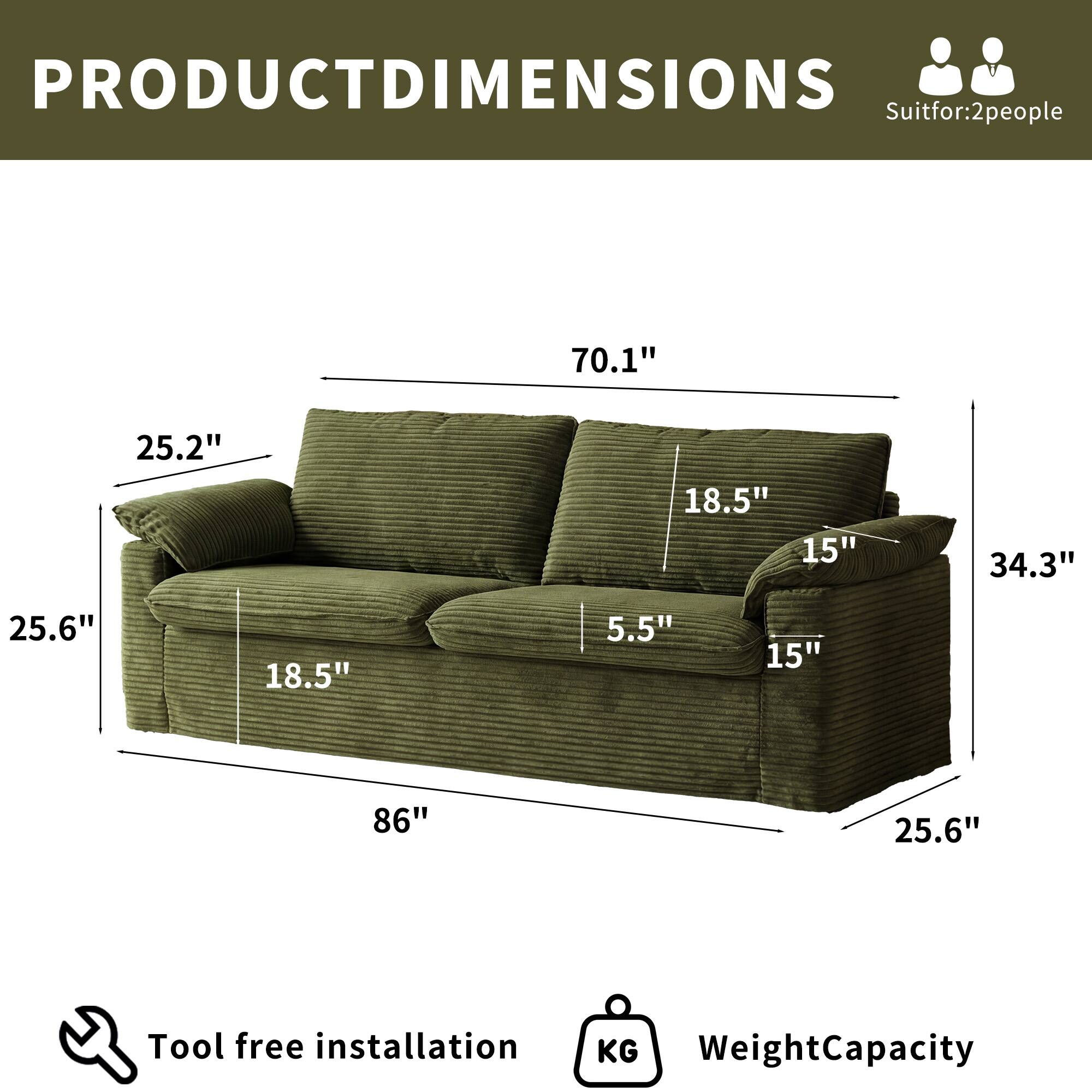 PRODUCT DIMENSIONS  
Suit for: 2 people  

70.1"  
25.2"  
18.5"  
15"  
34.3"  
25.6"  
18.5"  
5.5"  
15"  
86"  
25.6"  

Tool free installation  
Weight Capacity