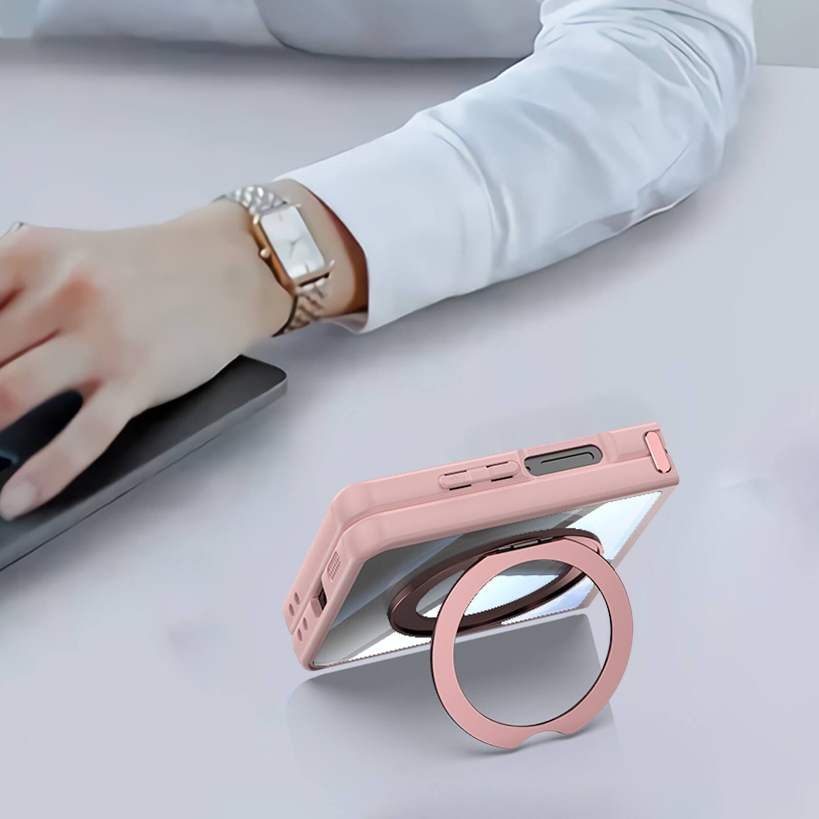 Alt View 6. Dteck - Magnetic Clear Case For Samsung Galaxy Z Flip 7, Shockproof Anti-Scratch 360° Ring Holder Stand PC+TPU Protection Cover - Pink.