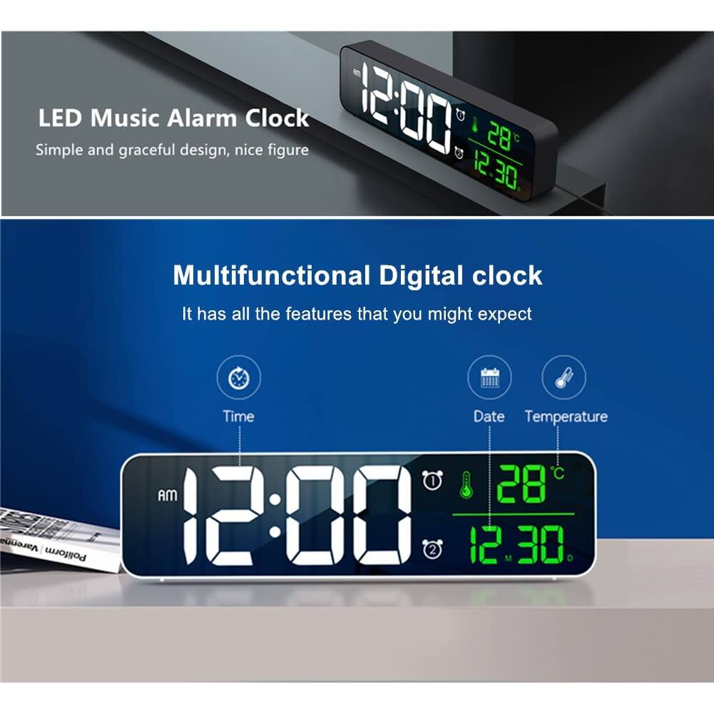 LED Music Alarm Clock  
Simple and graceful design, nice figure  

Multifunctional Digital clock  
It has all the features that you might expect  

Time  
Date  
Temperature  

12:00 AM  
28°C  
12:30