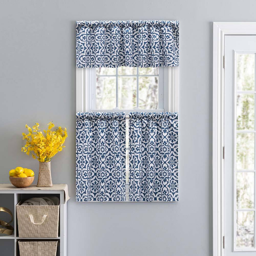 Left. Ellis Curtain - Ellis Athens Printed Tile Design on Navy Ground High Quality Tailored Tiers 1.5" Rod Pocket 50"x36" Navy - Navy.