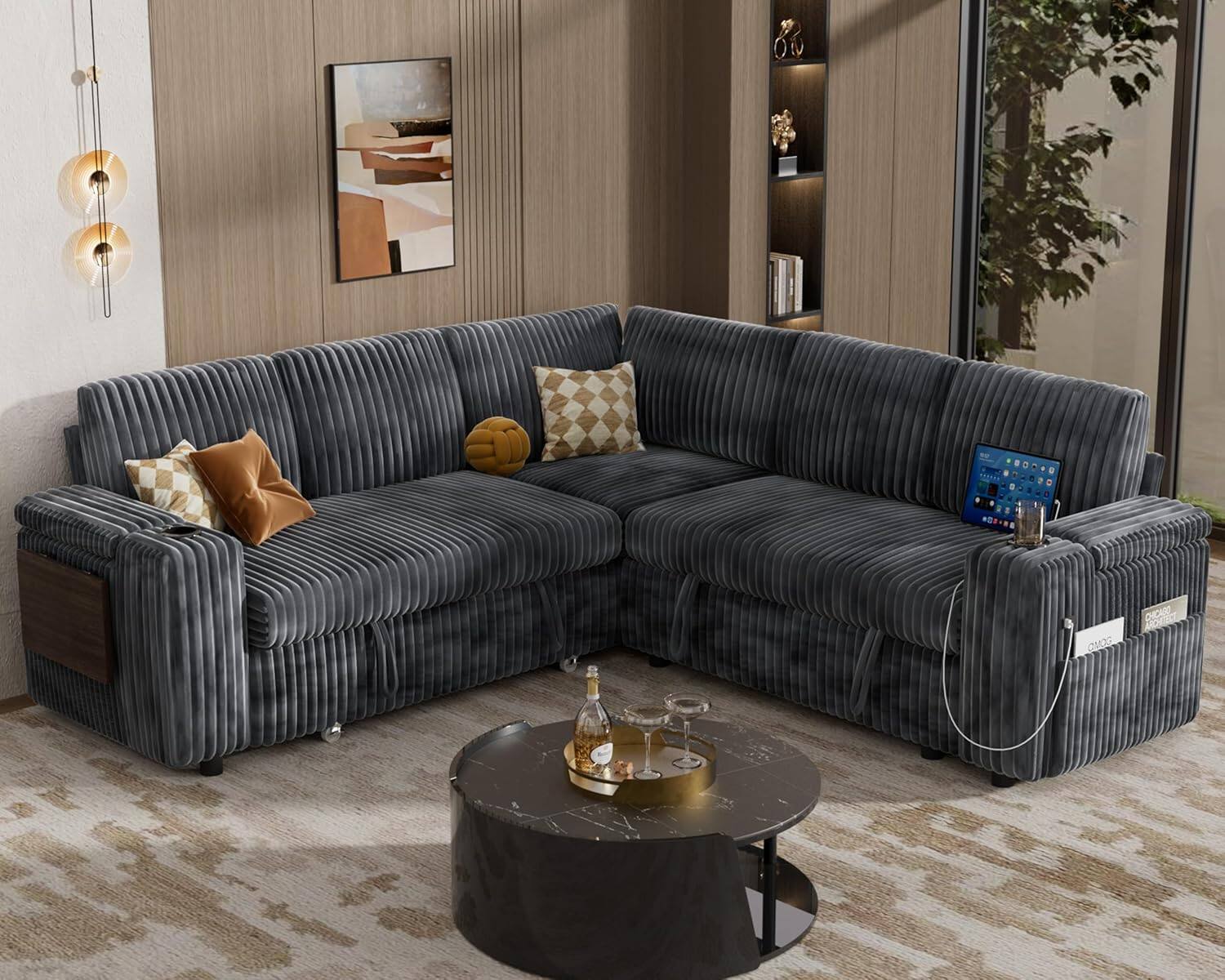 Alt View 3. Vipbear - Vipbear 85" Modular Sectional Sleeper Sofa with Pull Out Bed, 5 Seat L Shaped with Reclining Backrest,Corduroy Gray - Gray.
