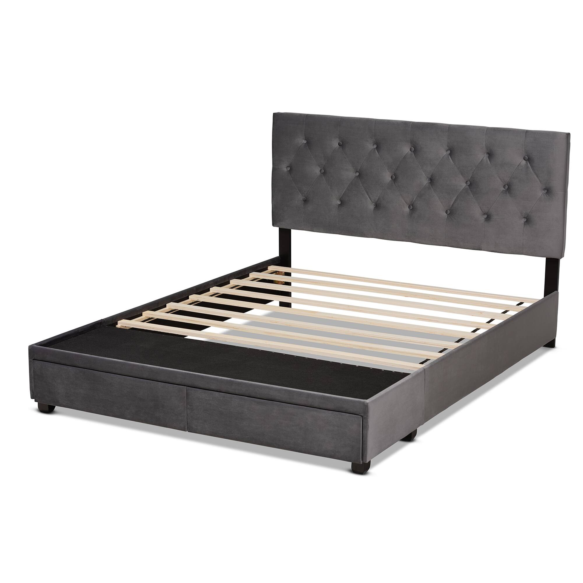 Back. Baxton Studio - Caronia Modern and Contemporary Velvet Fabric Upholstered 2-Drawer Queen Size Platform Storage Bed - Grey/Black.
