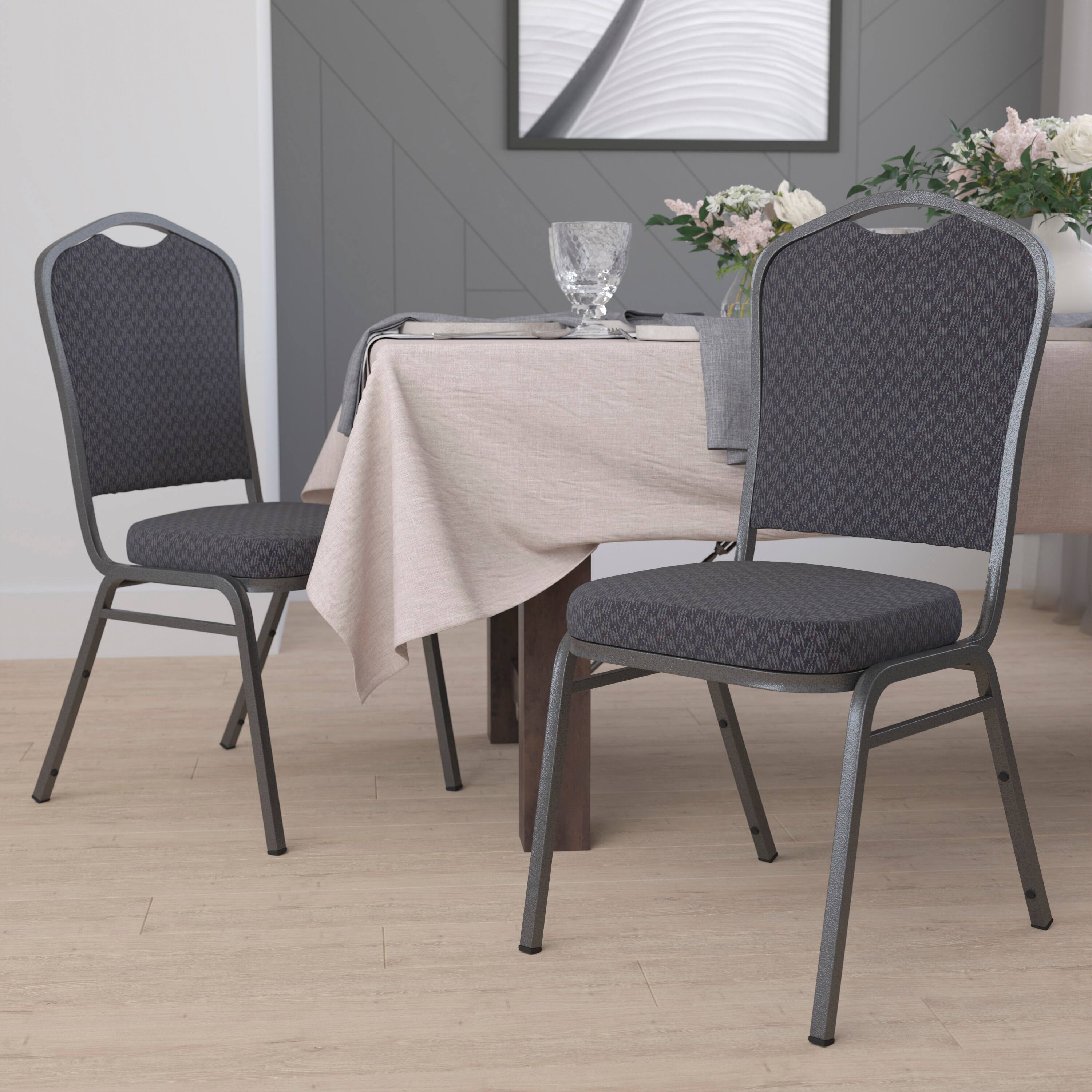 Alt View 1. Emma + Oliver - Crown Back Stacking Banquet Dining Chair - Black Patterned Fabric/Silver Vein Frame.