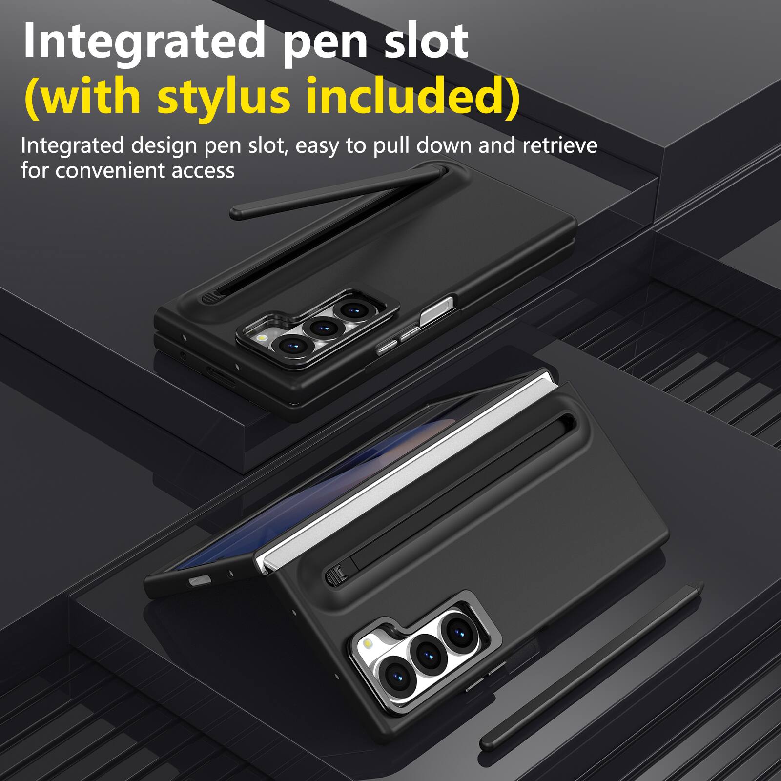 Integrated pen slot (with stylus included)  
Integrated design pen slot, easy to pull down and retrieve for convenient access