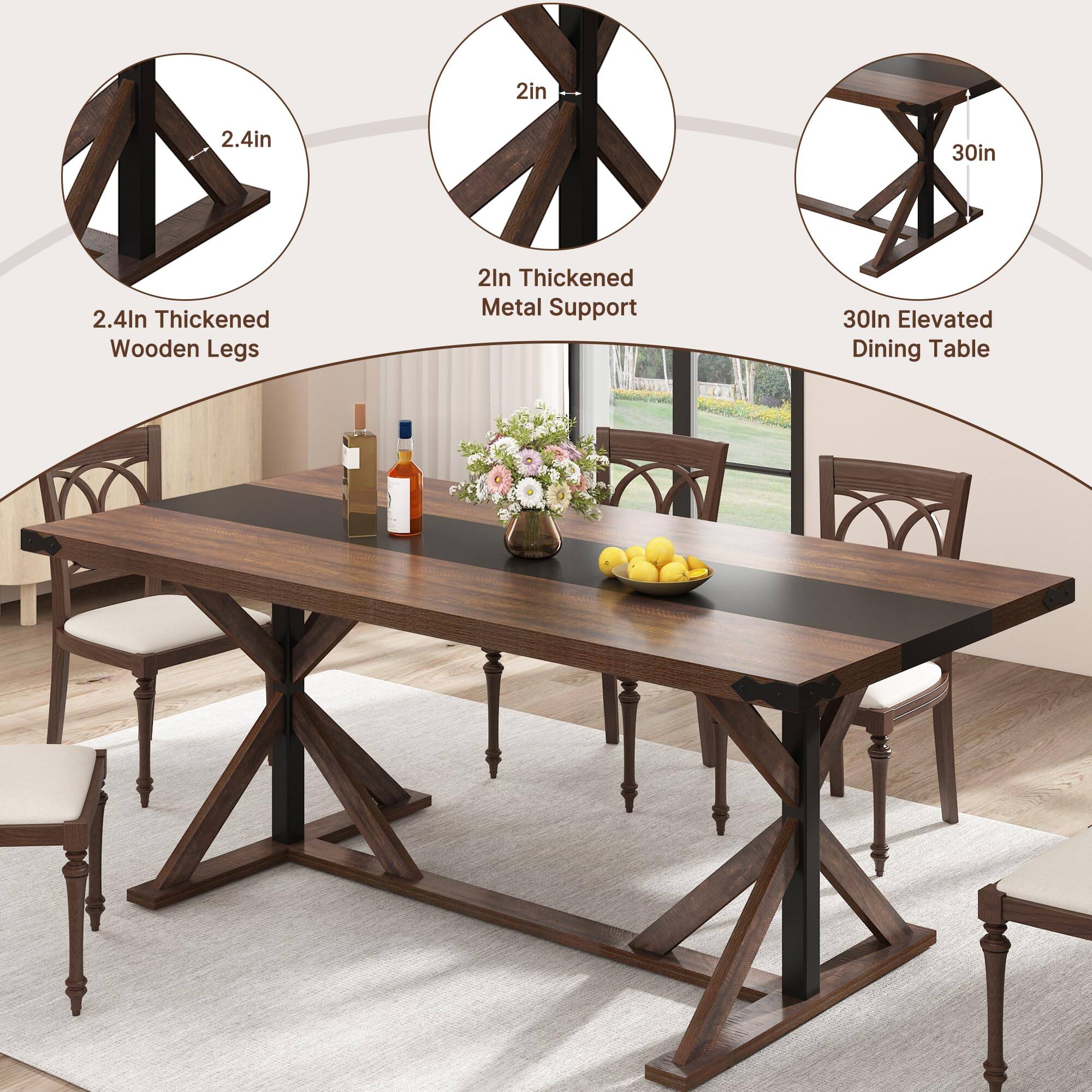 2.4in Thickened Wooden Legs  
2in Thickened Metal Support  
30in Elevated Dining Table