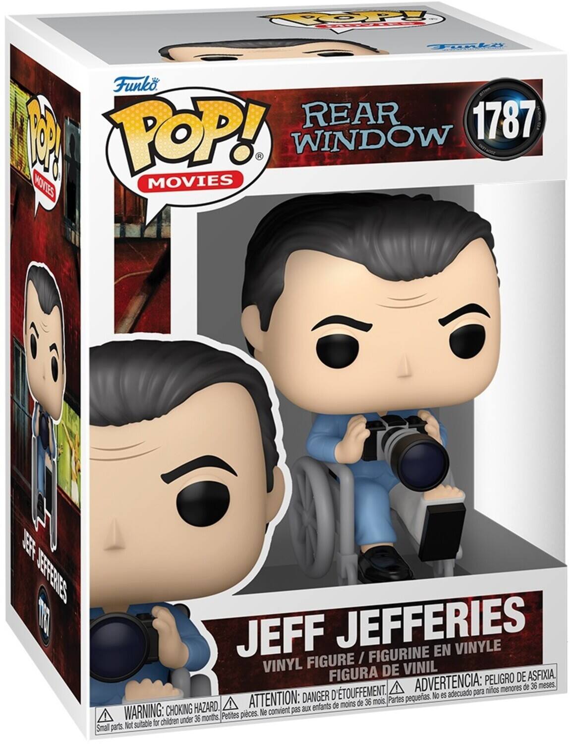 Here is the corrected and grouped text from the image:

**Funko POP! MOVIES**
**REAR WINDOW 1787**

**JEFF JEFFERIES**
**VINYL FIGURE / FIGURINE EN VINYLE / FIGURA DE VINIL**

**ADVERTENCIA: PELIGRO DE ASFIXIA, menores de 36 meses. D'TOUFFEMENT.**
**ADVERTENCIA: DANGER, CHOKING HAZARD. Not suitable for children under 36 months.**
**ATTENTION: aux enfants de moins de 36 mois.**

**WARNING: CHOKING HAZARD. Small parts. Not suitable for children under 36 months.**