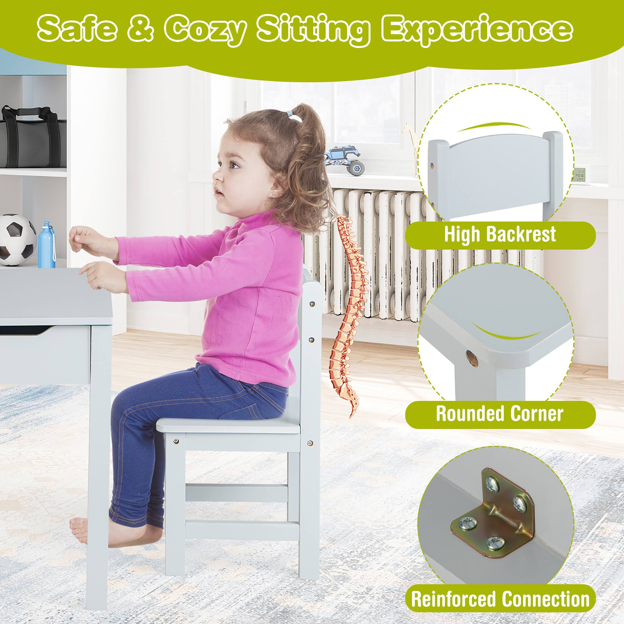 Safe & Cozy Sitting Experience

- High Backrest
- Rounded Corner
- Reinforced Connection