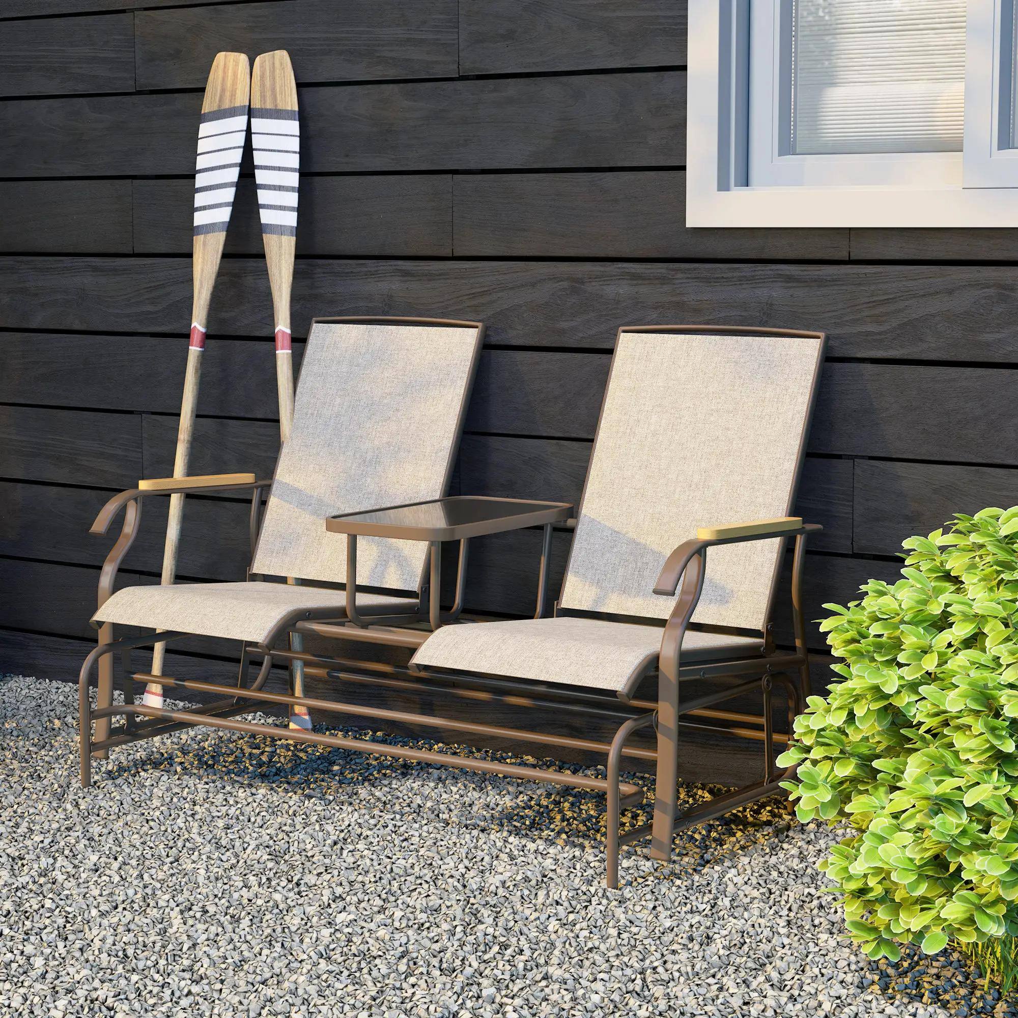 Back. Resenkos - Resenkos 2-Person Glider Bench, Steel Frame Swing Loveseat with Table, Outdoor Relaxation, Light Mixed Brown - Light Mixed Brown.
