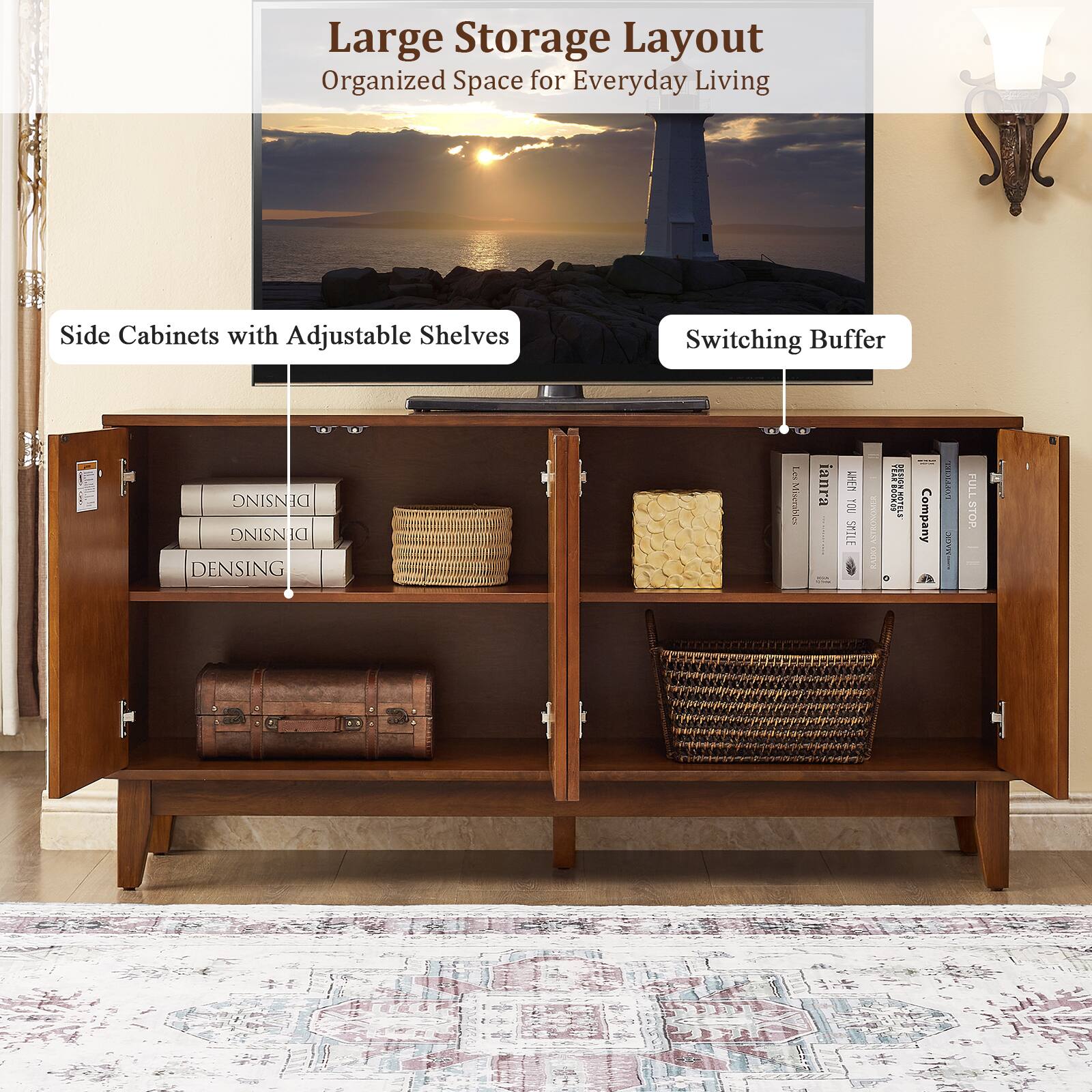 Large Storage Layout  
Organized Space for Everyday Living  

Side Cabinets with Adjustable Shelves  
Switching Buffer  

ONISNIC  
ONISNIC  
DI  
DENSING  

a Missrables  
ianra  

SHILE ASIRINA  
T3  
DERIGBMOTELA  

a Company