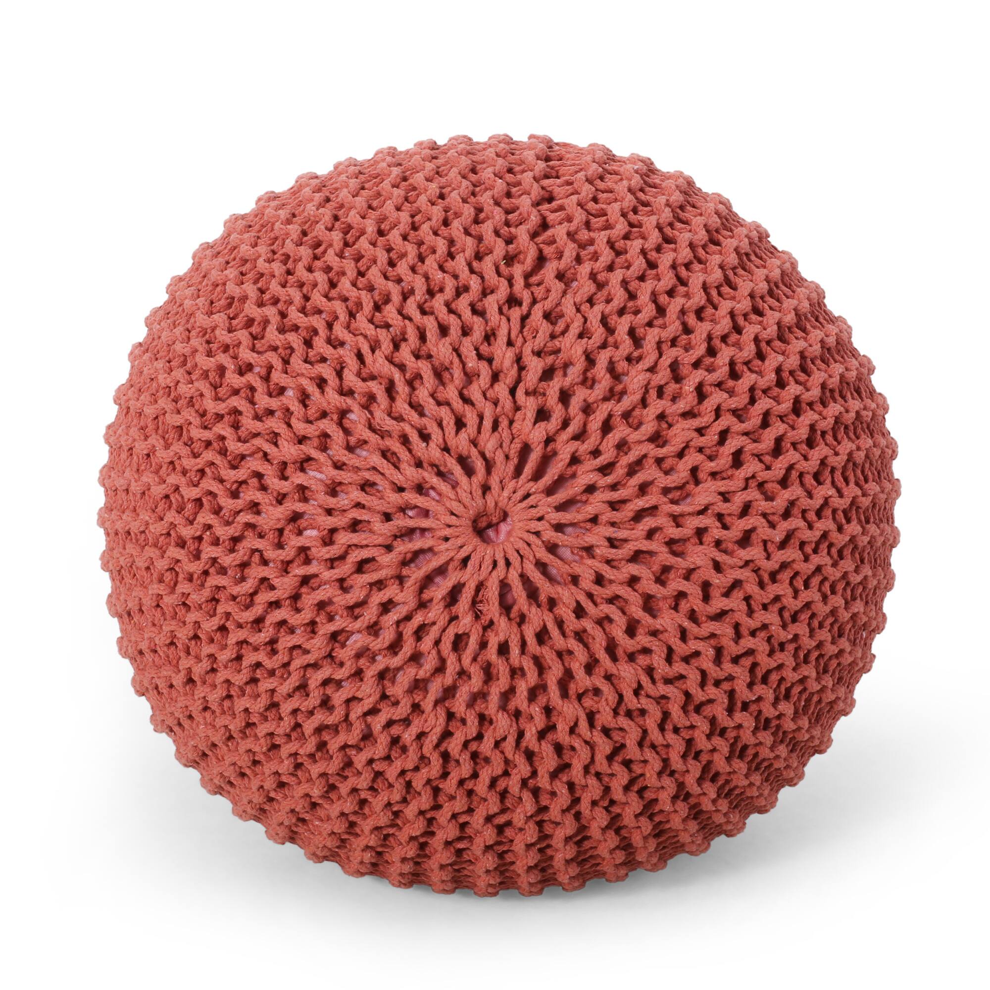 Back. GOODSILO - Stylish Knitted Cotton Round Pouf for Versatile Seating and Decor - Coral.