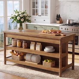 Tribesigns - 63" Solid Wood Kitchen Island Table with Storage & Seating - Rustic Brown