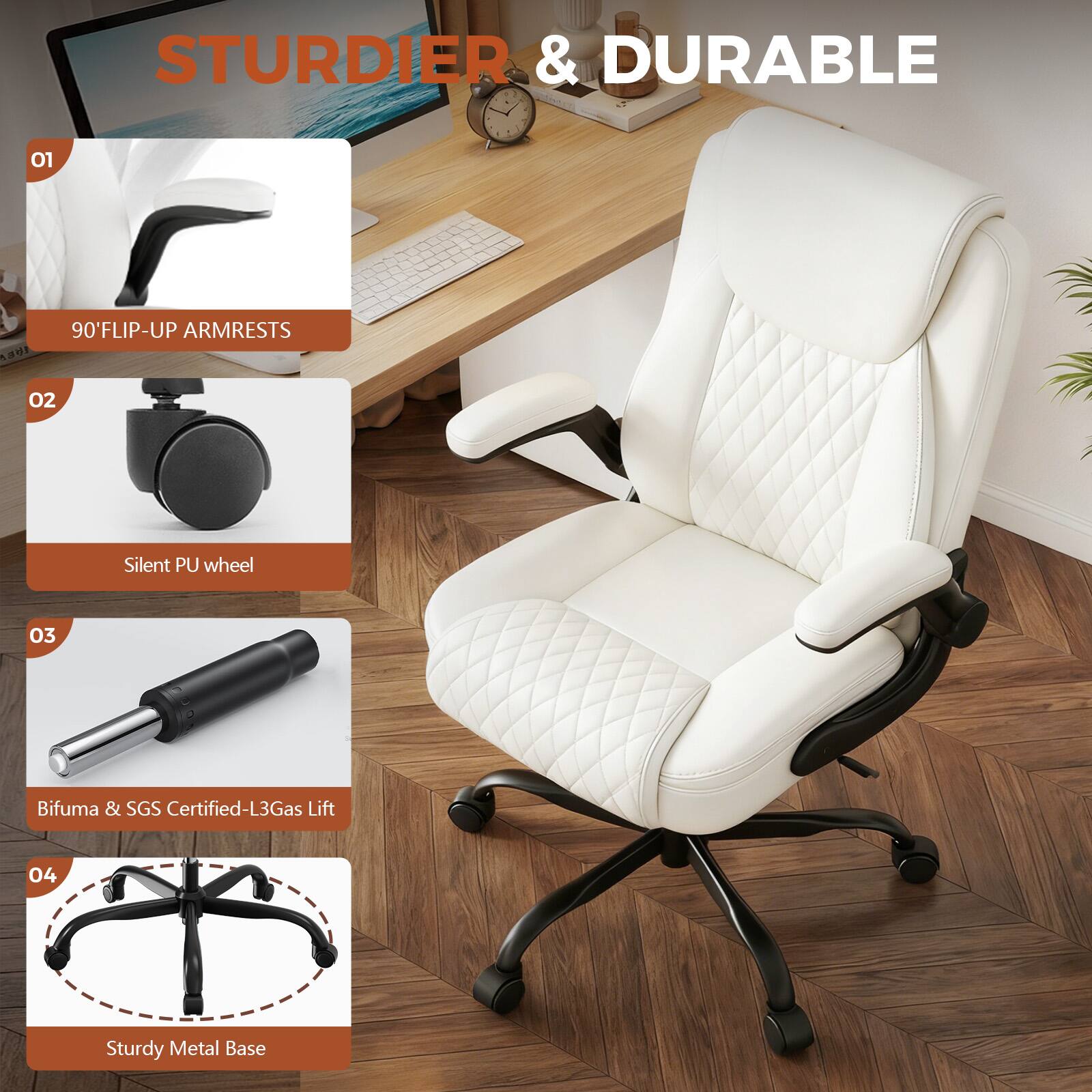 STURDIER & DURABLE

01 90° FLIP-UP ARMRESTS  
02 Silent PU wheel  
03 Bifuma & SGS Certified-L3Gas Lift  
04 Sturdy Metal Base