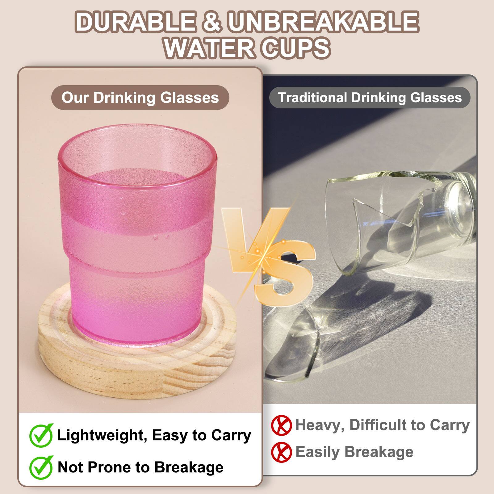 DURABLE & UNBREAKABLE WATER CUPS

Our Drinking Glasses VS Traditional Drinking Glasses

Lightweight, Easy to Carry
Not Prone to Breakage

Heavy, Difficult to Carry
Easily Breakage