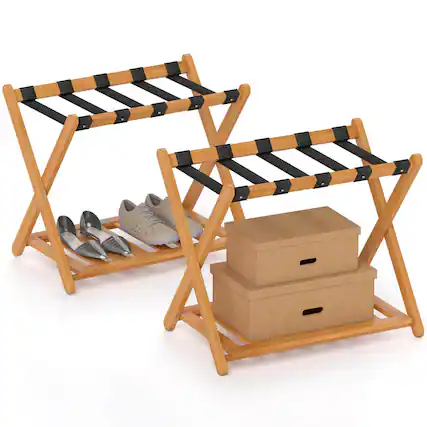 Front. Costway - Costway Folding Luggage Racks Set of 2 with Storage Shelf & 5 Nylon Straps Luggage Holder - Oak.