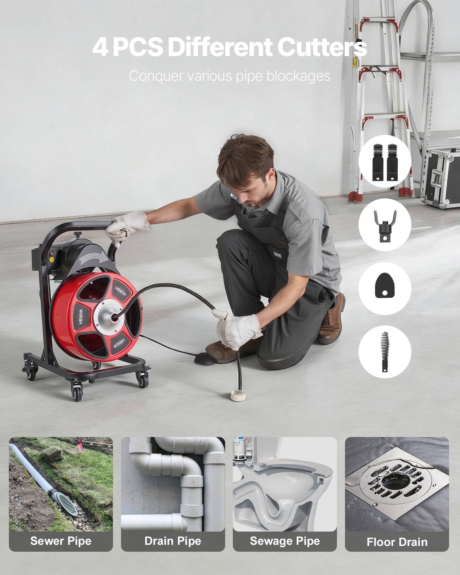 4 PCS Different Cutters  
Conquer various pipe blockages  

VEVOR  

Sewer Pipe  
Drain Pipe  
Sewage Pipe  
Floor Drain