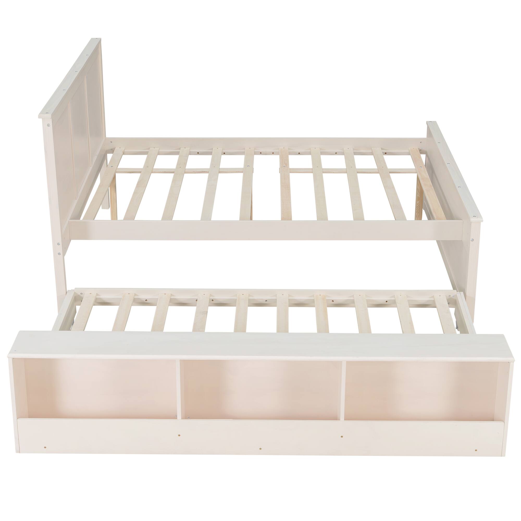 Back. Whisen - Wood Platform Bed with Pull-Out Trundle and Storage Shelves,Extendable Bed - Cream White.