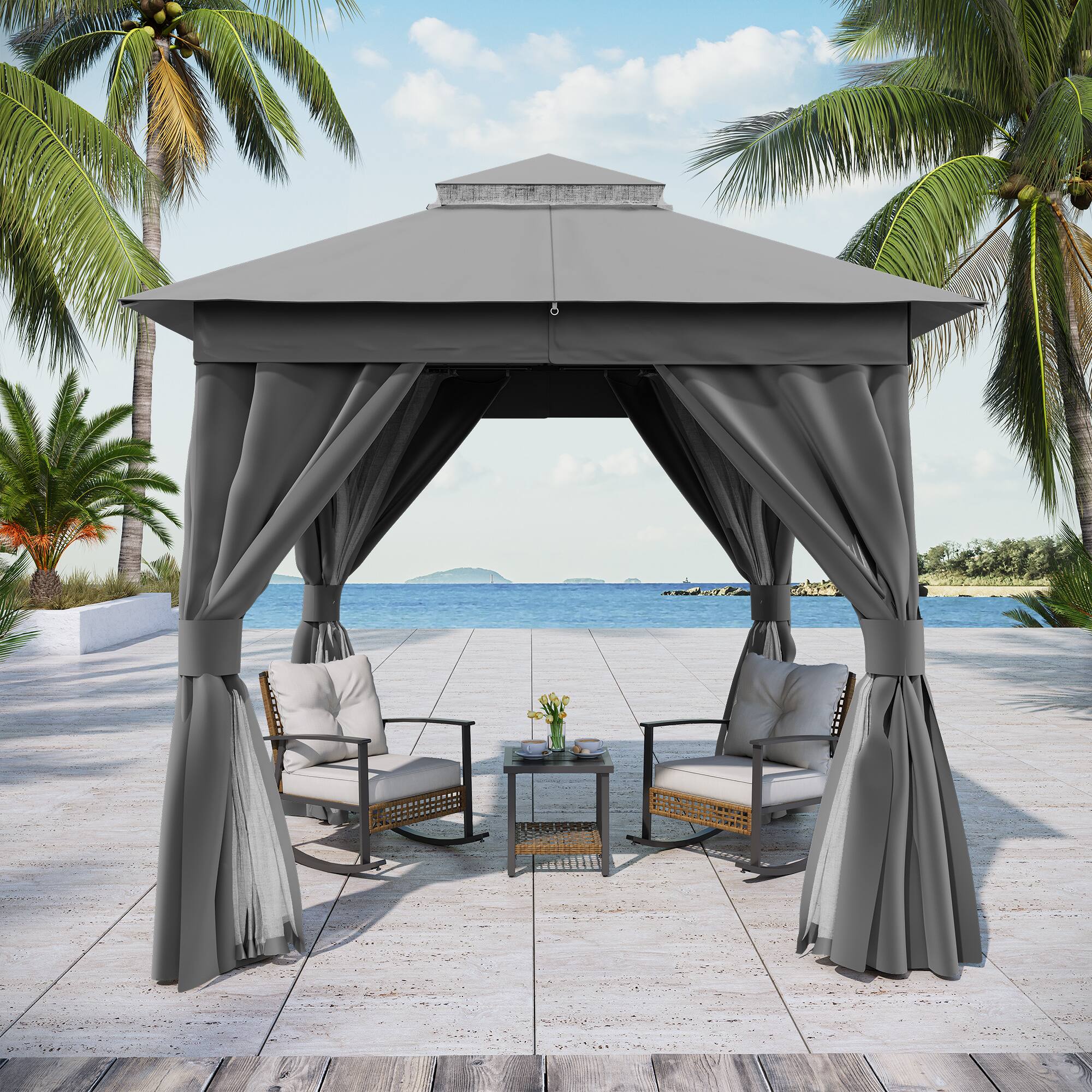 Back. Yardgrace - 8x8 FT Outdoor Heavy Duty Metal Frame Gazebo Double Roof Mosquito Net Privacy Screen Patio Backyard Garden - Grey.
