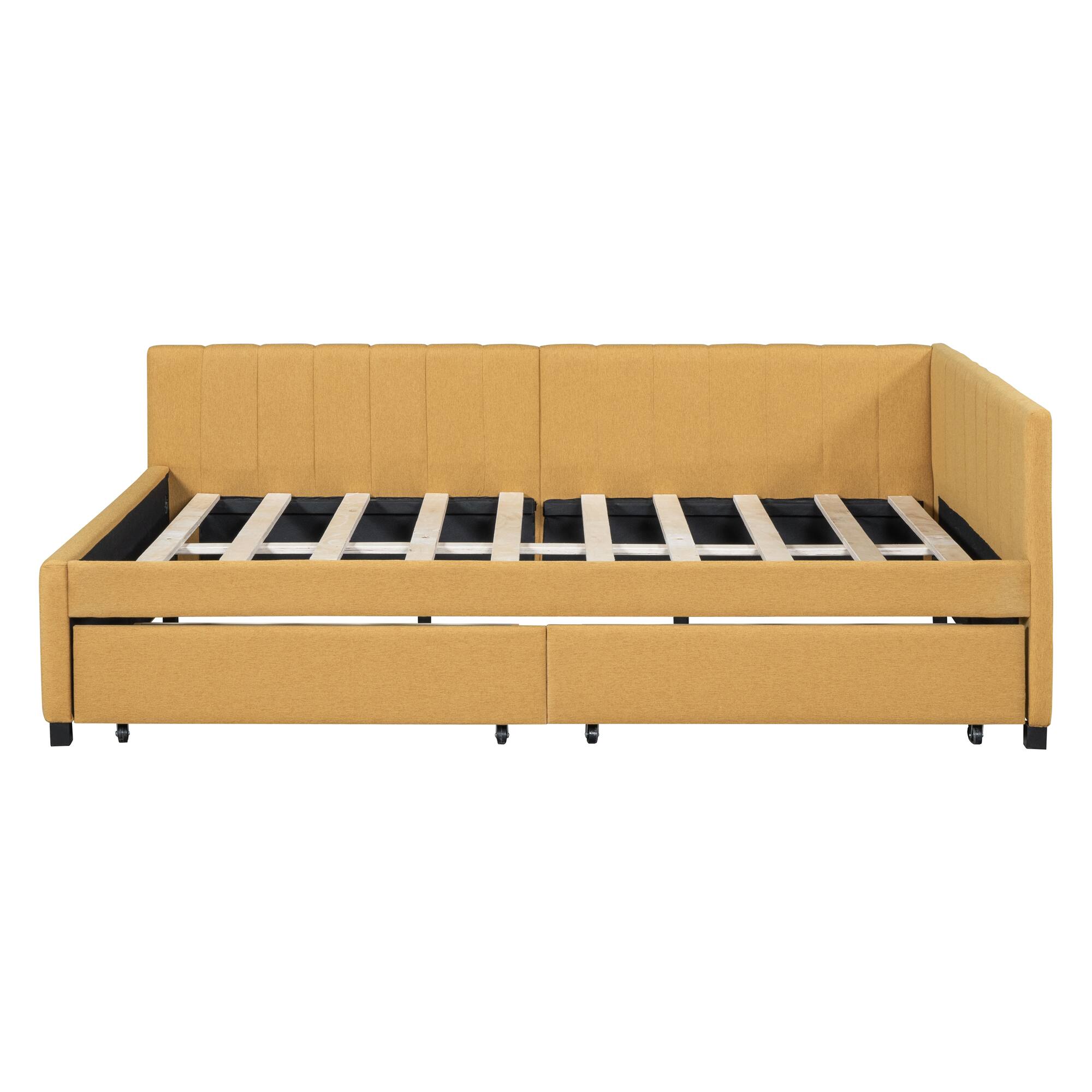 Left. Tiramisubest - Full Size Upholstered Daybed with 2 Storage Drawers Sofa Bed Frame No Box Spring Needed, Linen Fabric (Yellow) - Yellow.