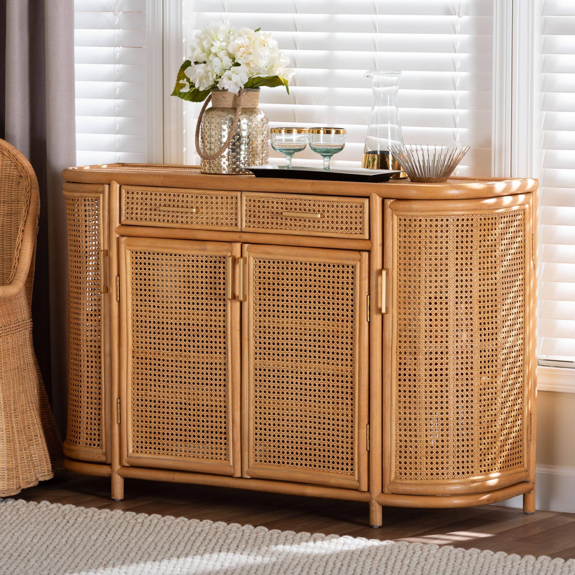 Alt View 4. bali & pari - McKenna Natural Rattan Sideboard - Handwoven Wicker Buffet Credenza, Boho Coastal Style - Light Honey/Gold.