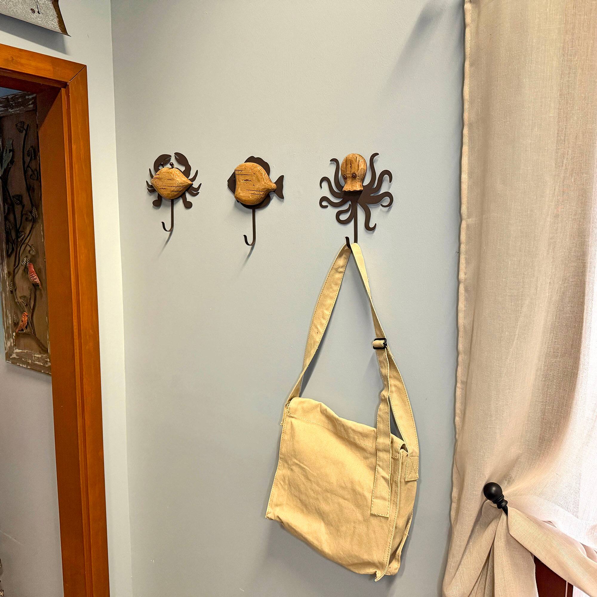 Alt View 3. Things2Die4 - Set of 3 Nautical Wood and Metal Decorative Wall Hooks Fish Crab Octopus - Brown.