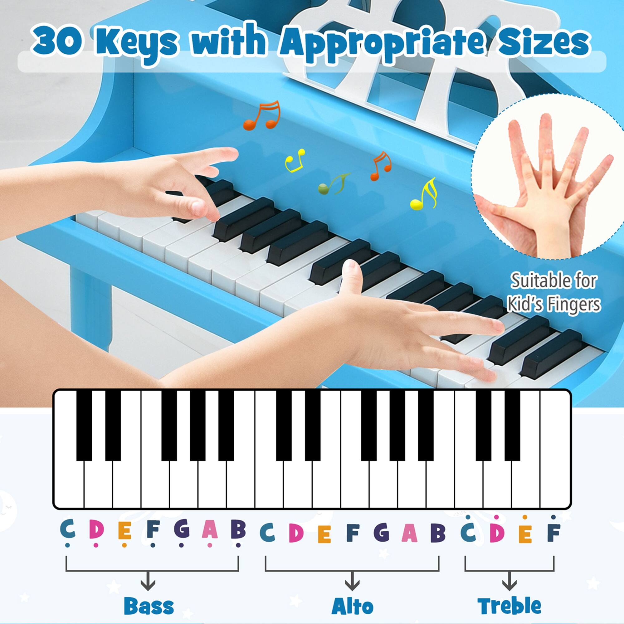 The text on the image reads: "30 Keys with Appropriate Sizes Suitable for Kid's Fingers C CDEFGABCDEFGABCDEF D E C F A Bass Alto Treble."