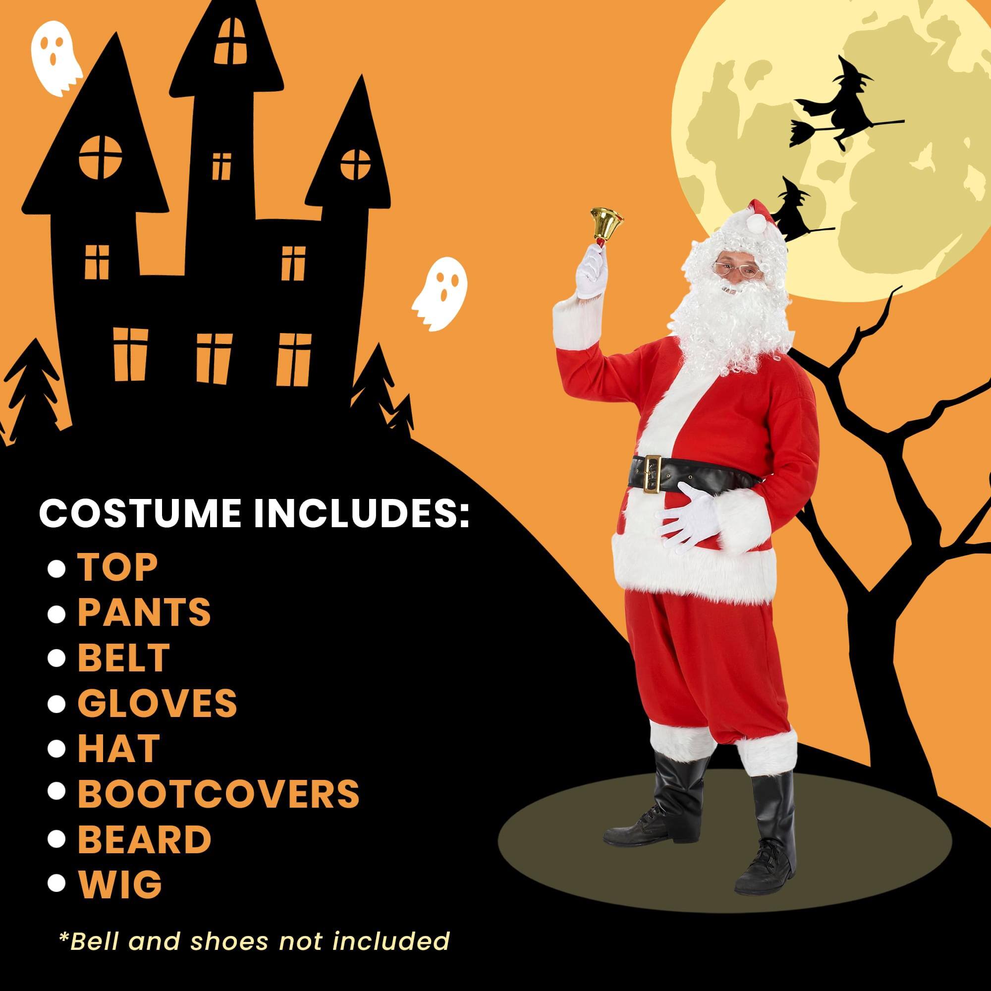 COSTUME INCLUDES:  
- TOP  
- PANTS  
- BELT  
- GLOVES  
- HAT  
- BOOTCOVERS  
- BEARD  
- WIG  

*Bell and shoes not included