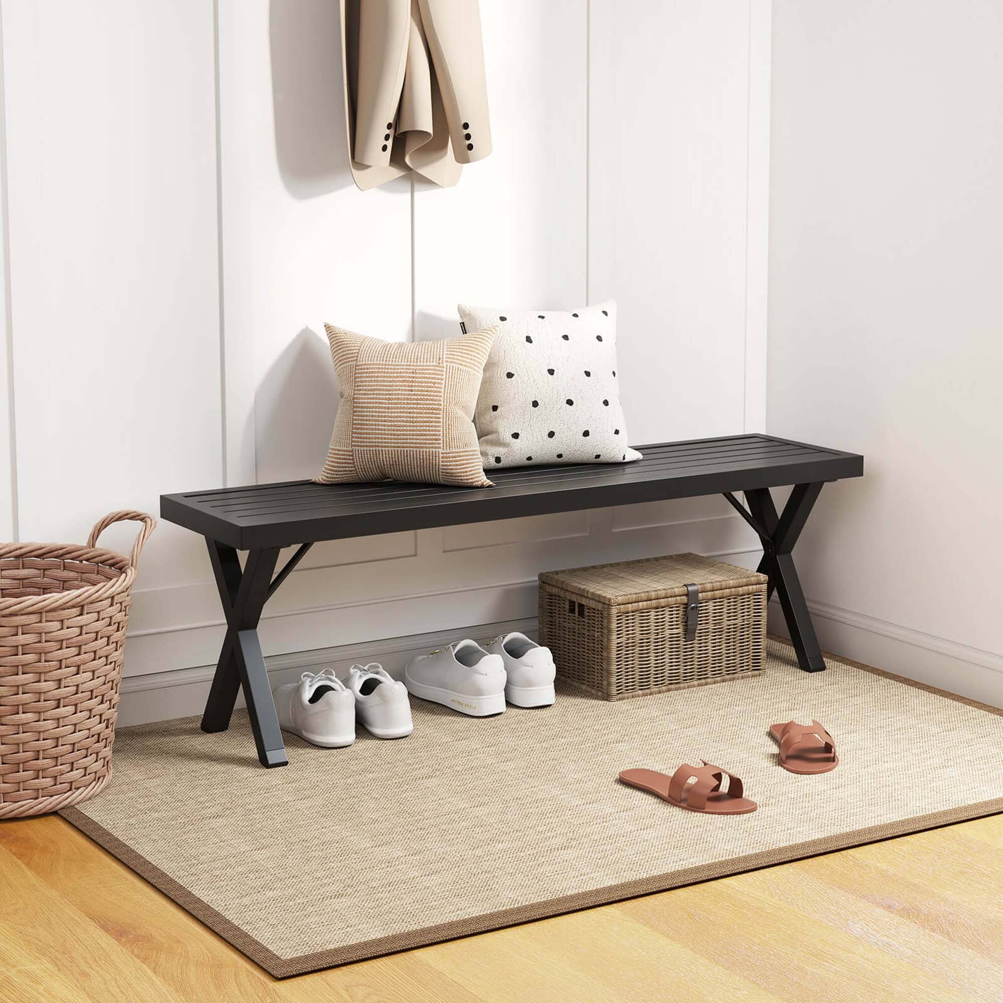 Alt View 5. Costway - Costway 1 PCS 54" Patio Metal Bench with Slatted Seat & X Legs Backless Loveseat for Yard - Black.