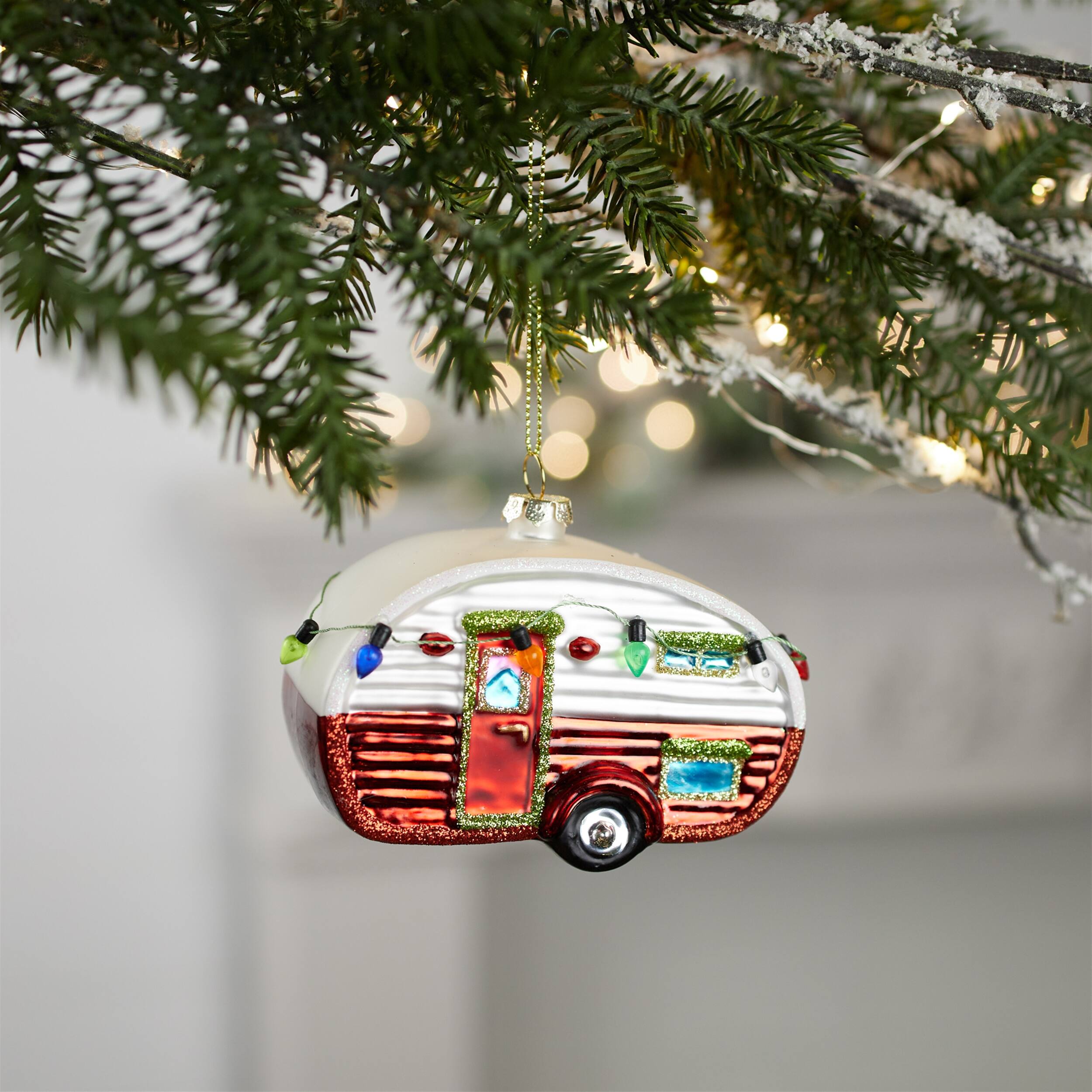 Angle. BreeBe - Glittered Glass Camper Ornament (Set of 12) - Red, White.