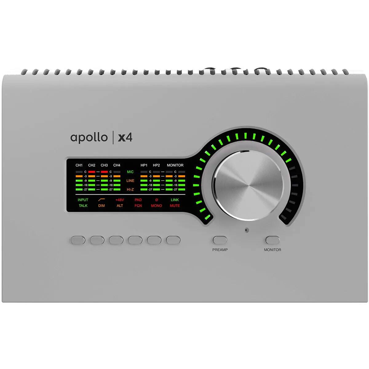 apollo x4

CH1 CH2 CH3 CH4 HP1 HP2 MONITOR

MIC LINE HI-Z

INPUT +48V PAD LINK

TALK DIM ALT FCN MONO MUTE

PREAMP MONITOR