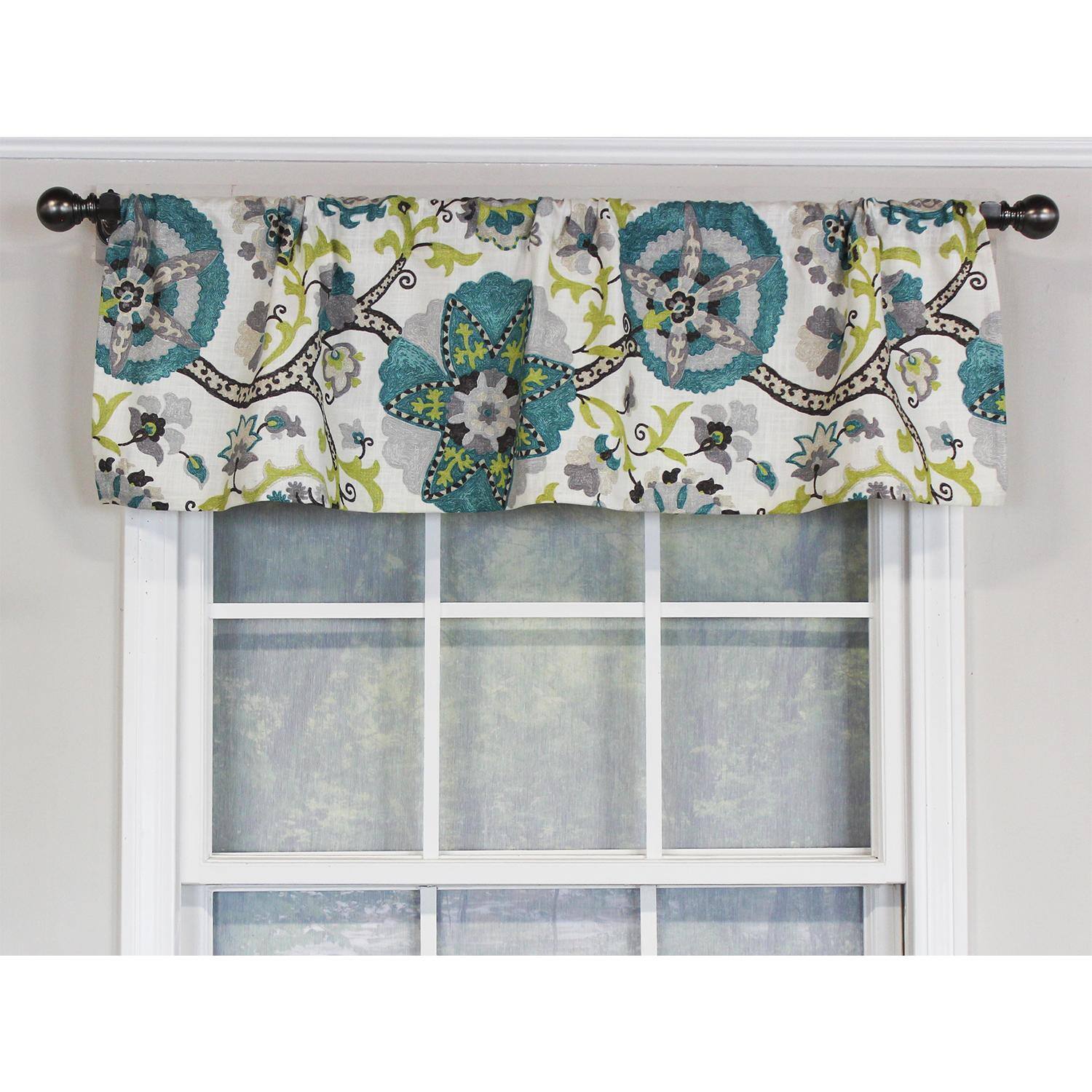 Angle. RLF Home - RLF Home Floribunda Tailored 100% Cotton with Fully Lined 3" Rod Pocket Valnance for Windows 50" x 14" Turquoise - Turquoise.