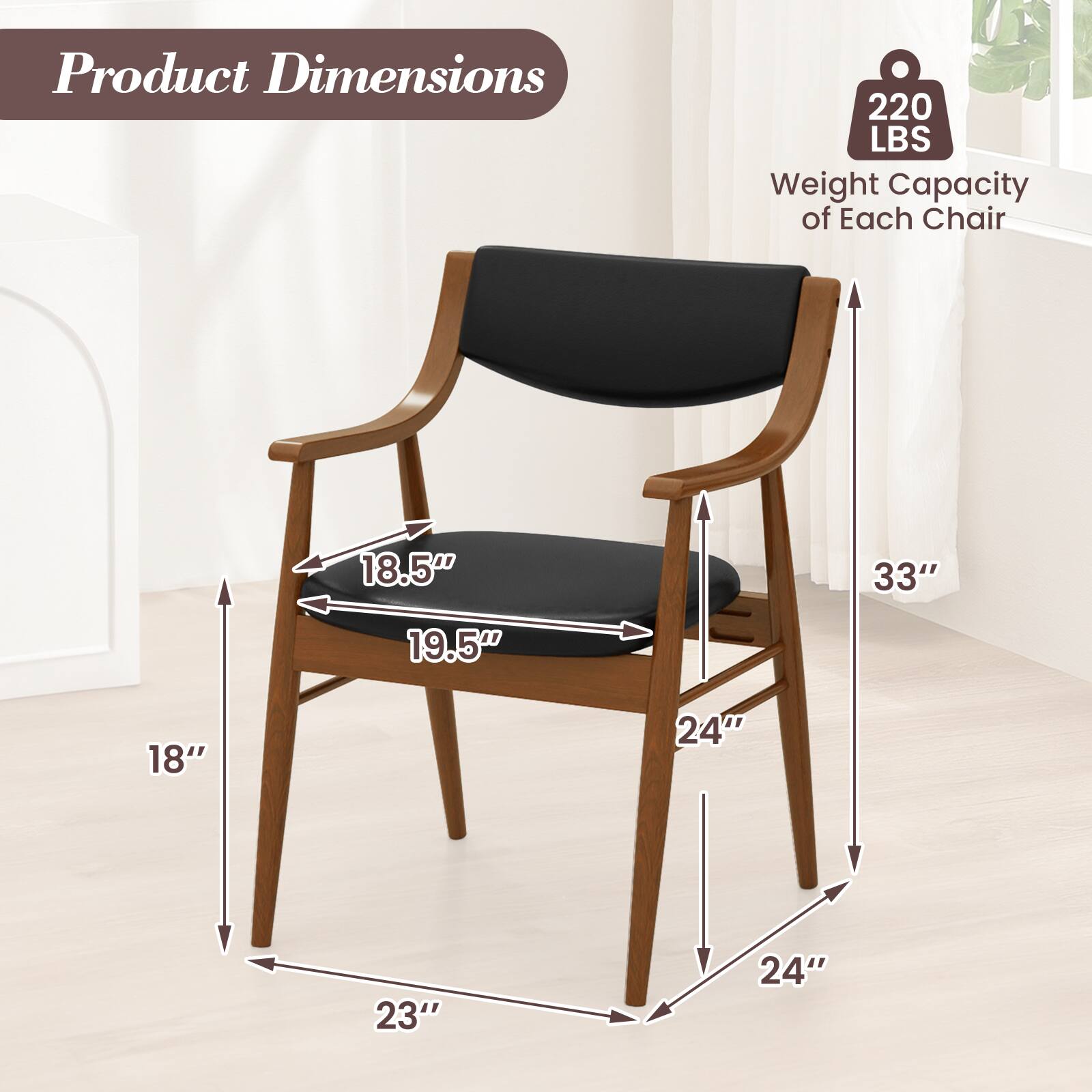 Product Dimensions  
220 LBS Weight Capacity of Each Chair  
18.5" x 19.5" x 18" x 24" x 23" x 24" x 33"