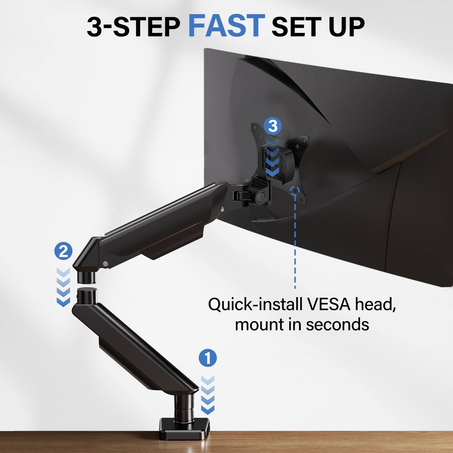 3-STEP FAST SET UP

1. Quick-install VESA head, mount in seconds

2.

3.