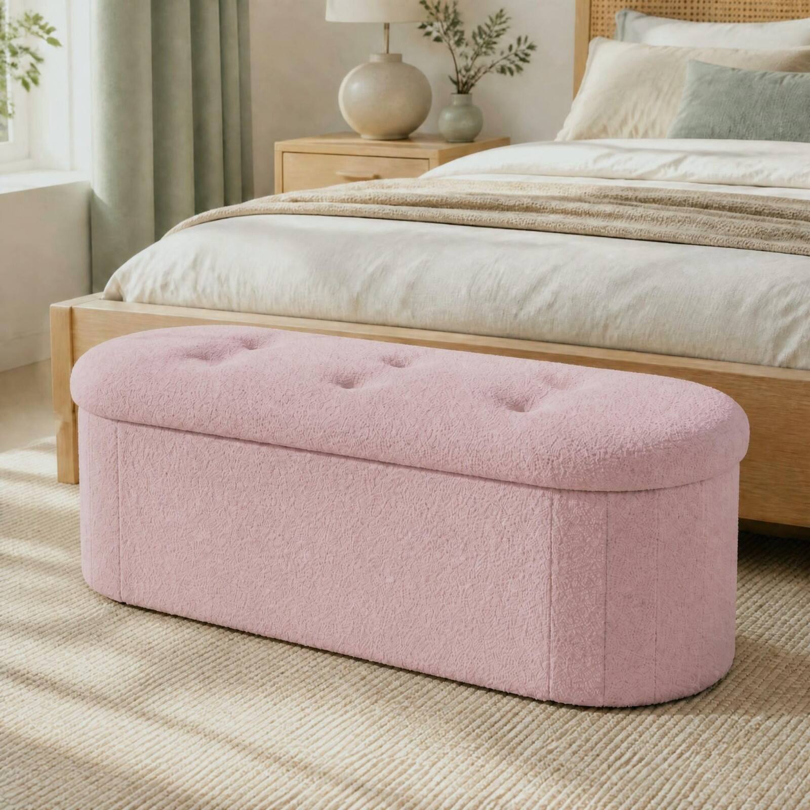 Alt View 1. Costway - Costway Storage Ottoman Bench 43" Oval Ottoman with Dividers Folding Teddy Boucle Footrest - Pink.