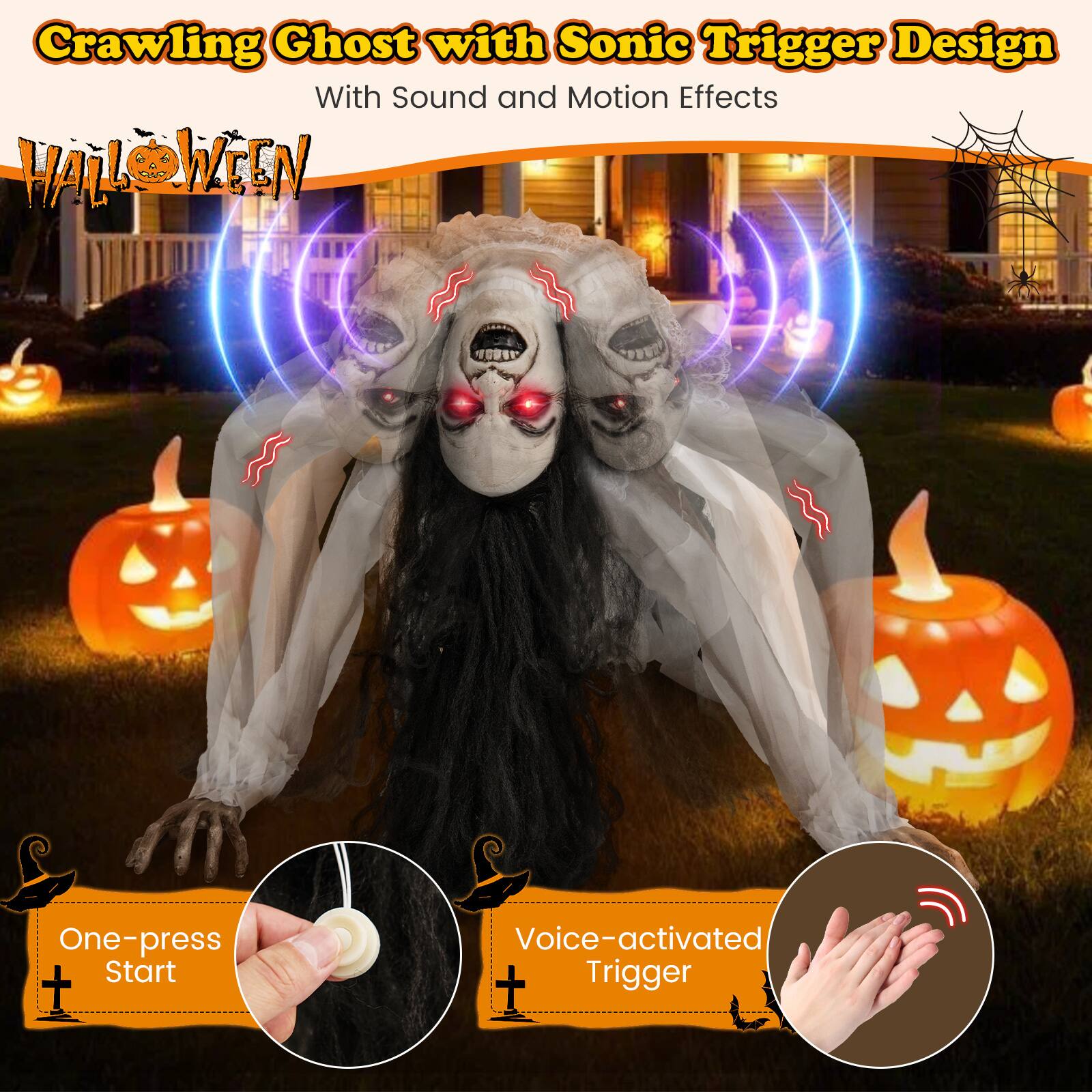 Crawling Ghost with Sonic Trigger Design: With Sound and Motion Effects for Halloween. One-press One-Start Voice-activated Trigger.