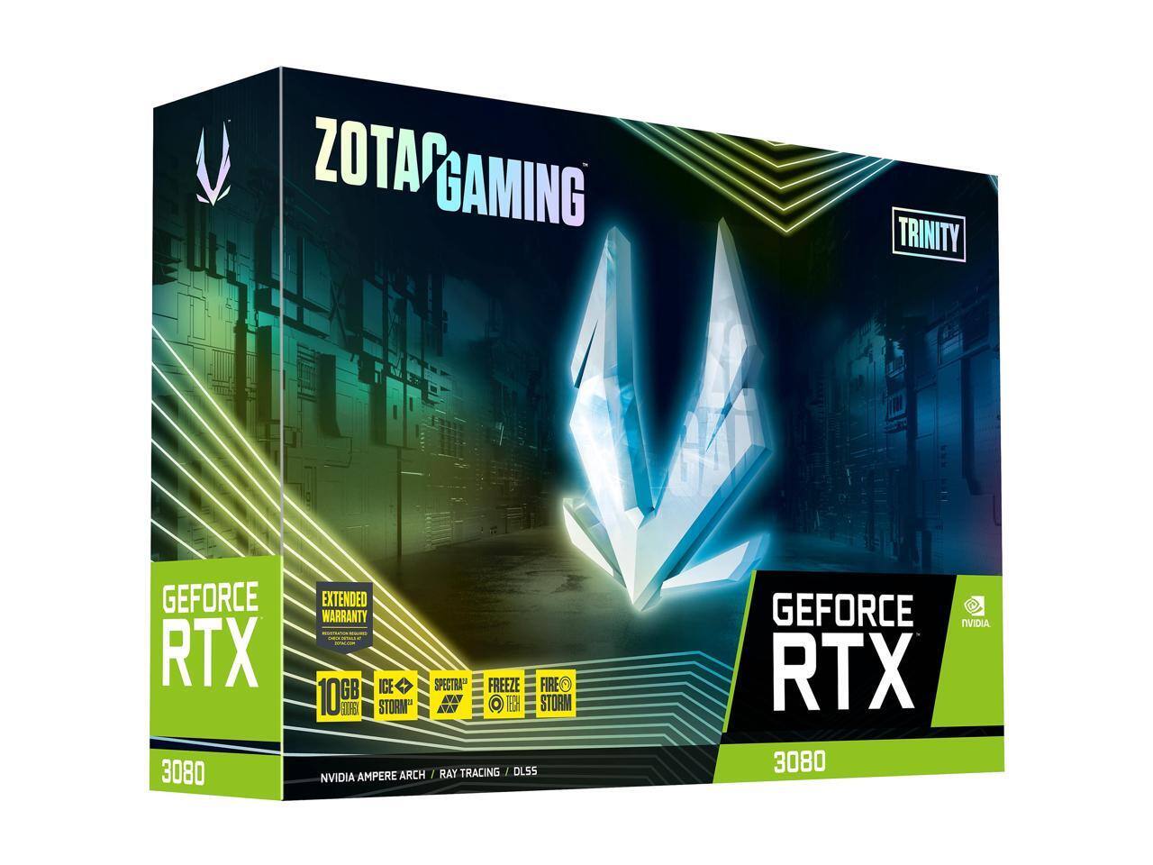 ZOTAC GAMING TRINITY GEFORCE RTX 3080 EXTENDED WARRANTY 10GB ICE SPECTRA FREEZE FIRE STORM ATAY AVAY O STORM ARCH / RAY TRACING / DLSS NVIDIA AMPERE GEFORCE NVIDIA RTX 3080