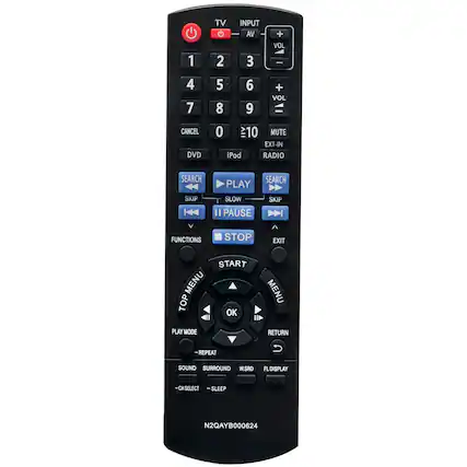 1 TV 2 INPUT AV 3 + VOL 4 5 6 7 8 9 + VOL - CANCEL DVD 0 10 MUTE EXT-IN iPod RADIO SEARCH PLAY SEARCH SKIP SLOW II PAUSE SKIP FUNCTIONS STOP EXIT START MENU TOP OK MENU PLAY MODE RETURN REPEAT SOUND SURROUND W.SRD FL DISPLAY CH SELECT - SLEEP N2QAYB000624