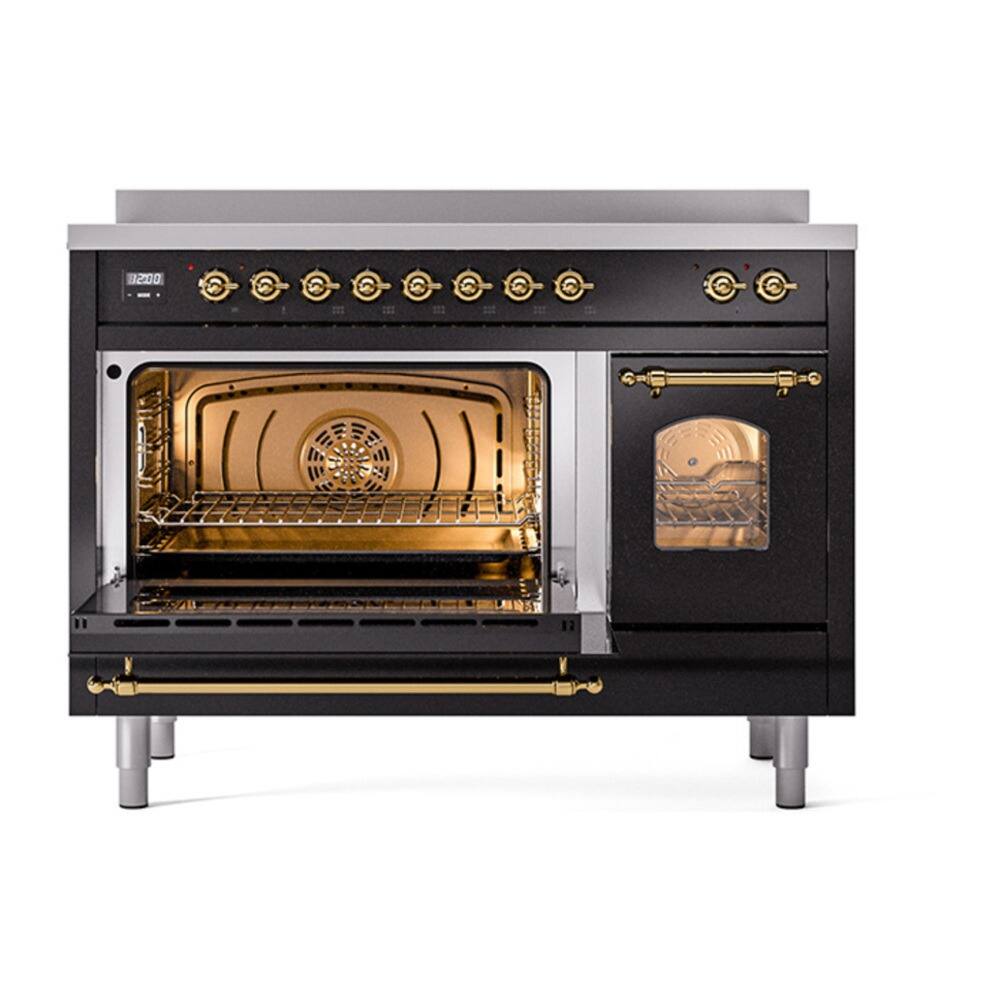 Alt View 5. ILVE - ILVE Nostalgie II 48 inch Induction Range with 6 Elements  (Triple Glass Door, Glossy Black, Brass) - Glossy Black.
