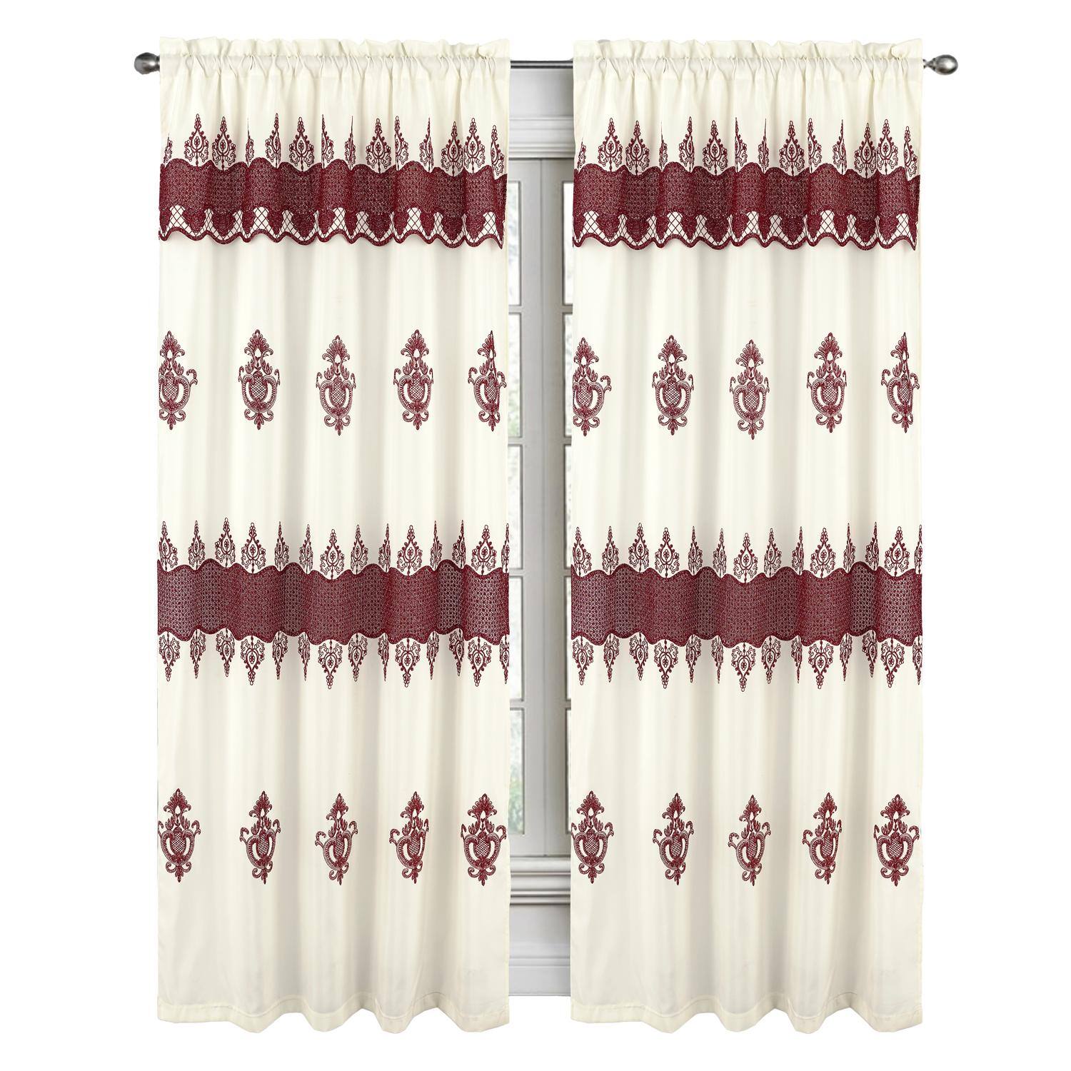 Front. RT Designers Collection - RT Designers Collection Debbie Macrame Construction 3" Rod Pocket Curtain Panel 54" x 90" Beige/Burgundy - Beige burg.
