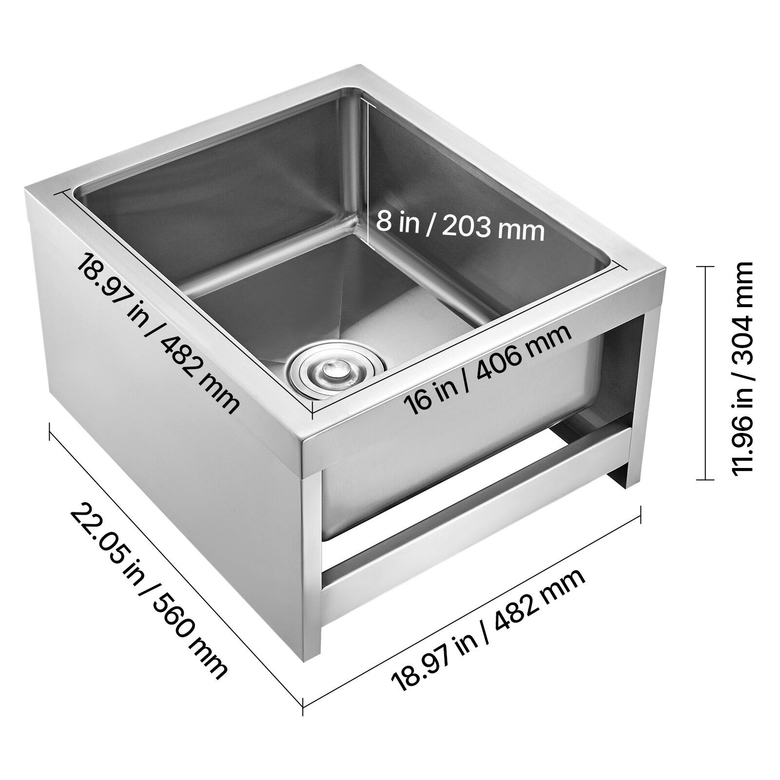 - 22.05 in / 560 mm
- 18.97 in / 482 mm
- 16 in / 406 mm
- 8 in / 203 mm
- 11.96 in / 304 mm