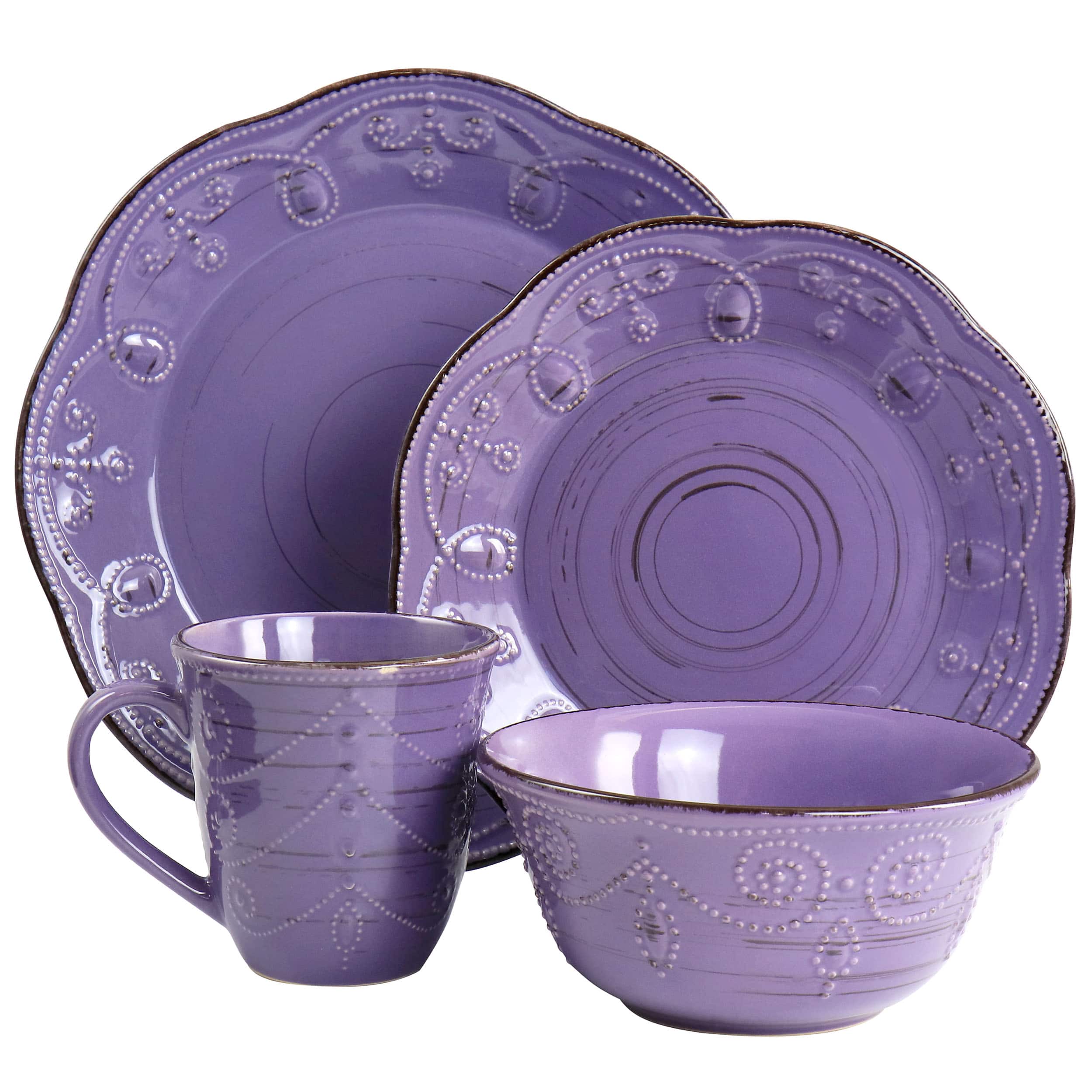 Elama Rustic Birch 16 Piece Stoneware Dinnerware Set Purple