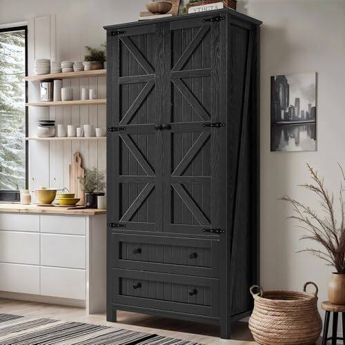 Front. Hirose Alice - Pantry Cabinet Tall Storage With 2 Drawers And Shelves Versatile For Dining Or Dark Extra Large kitchen - Oak Black-64"H Double Drawers.