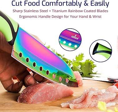 Cut Food Comfortably & Easily  
Sharp Stainless Steel + Titanium Rainbow Coated Blades  
Ergonomic Handle Design for Your Hand & Wrist