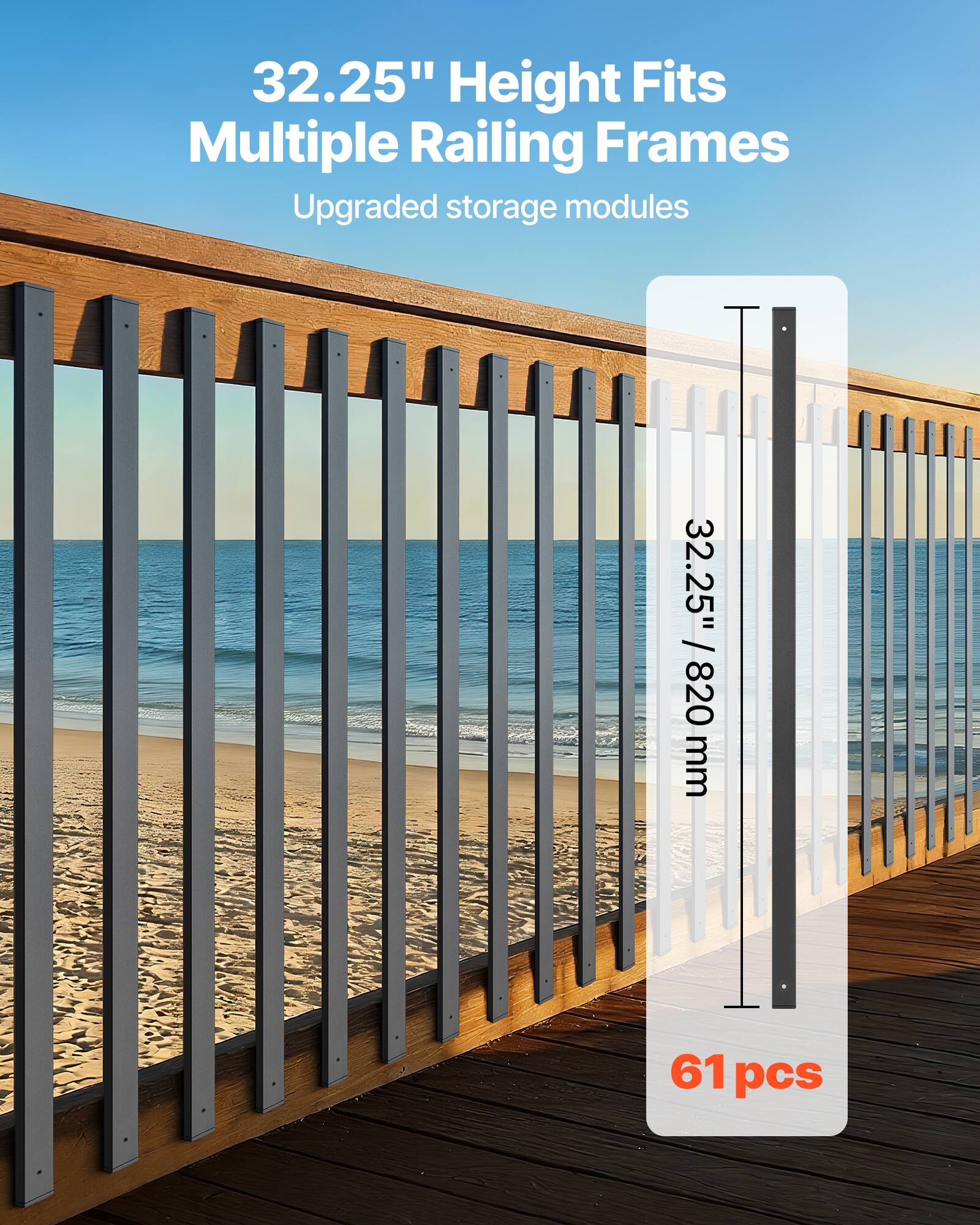 32.25" Height Fits Multiple Railing Frames  
Upgraded storage modules  
32.25" / 820 mm  
61 pcs