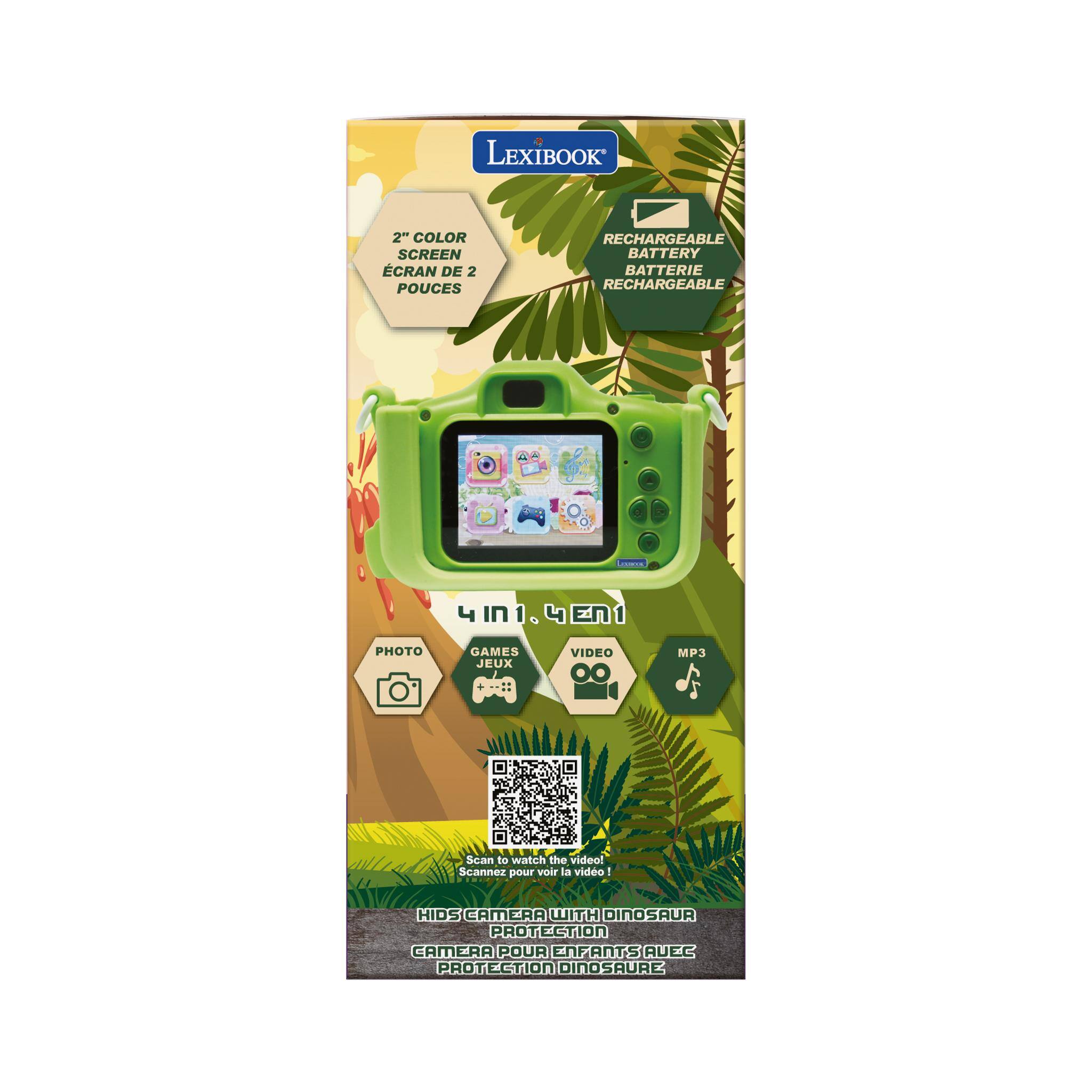 LEXIBOOK 2" COLOR SCREEN CRAN DE 2 POUCES RECHARGEABLE BATTERY BATTERIE RECHARGEABLE - 4101.4EN1 4 PHOTO GAMES JEUX VIDEO MP3 Scan to watch the video! Scannez pour voir la vidéo! HIDS CAMERA WITH DINOSAUR PROTECTION CAMERA POUR ENFANTS AVEC PROTECTION DINOSAURE