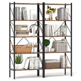 Costway - 2 PCS 5-Tier Bookshelf, Industrial Tall Bookcase with Open Storage Shelves & Metal Frame - Rustic Brown,Black