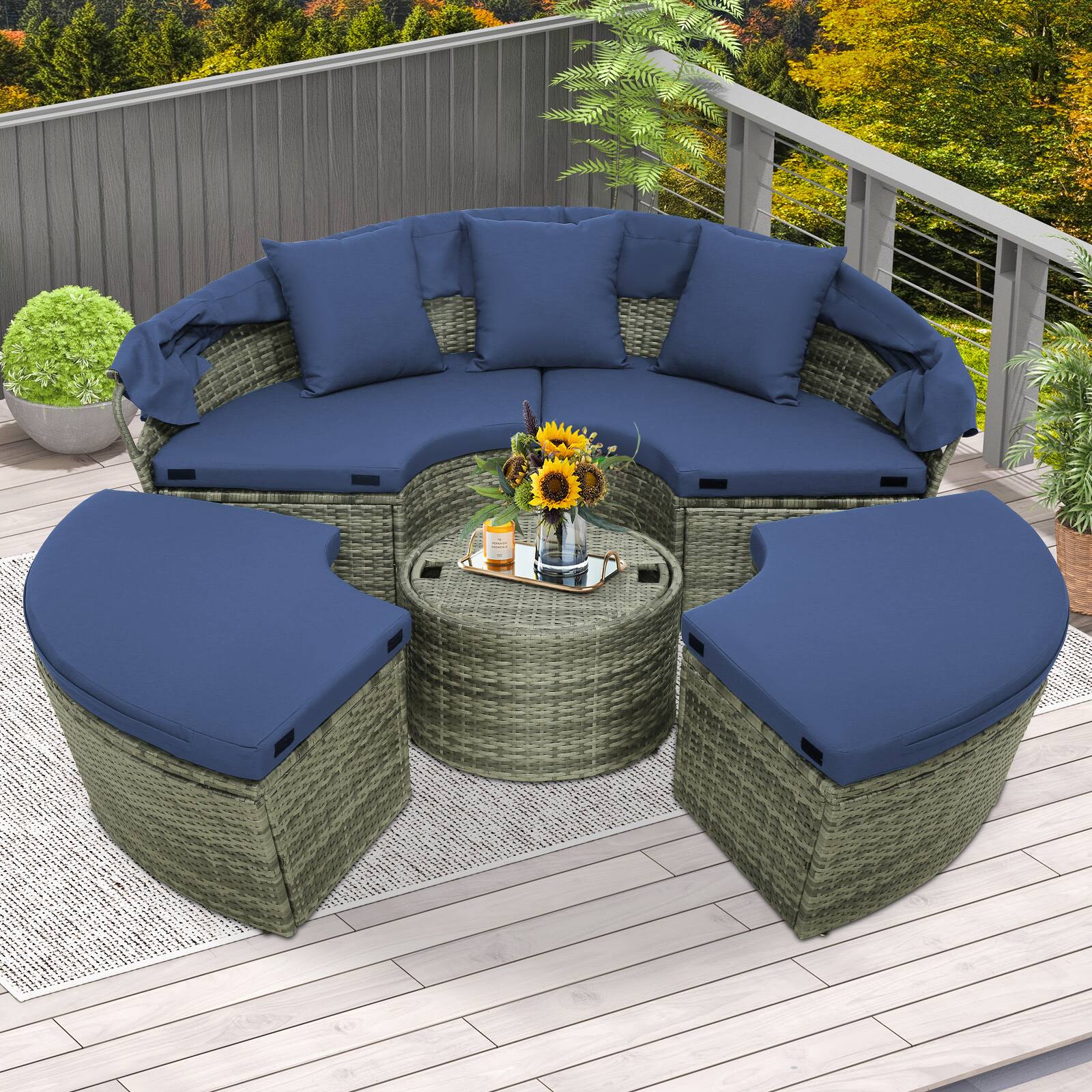 Angle. SlickBlue - Patio Round Wicker Daybed with Canopy and Cushions for Outdoor Relaxation - Navy.