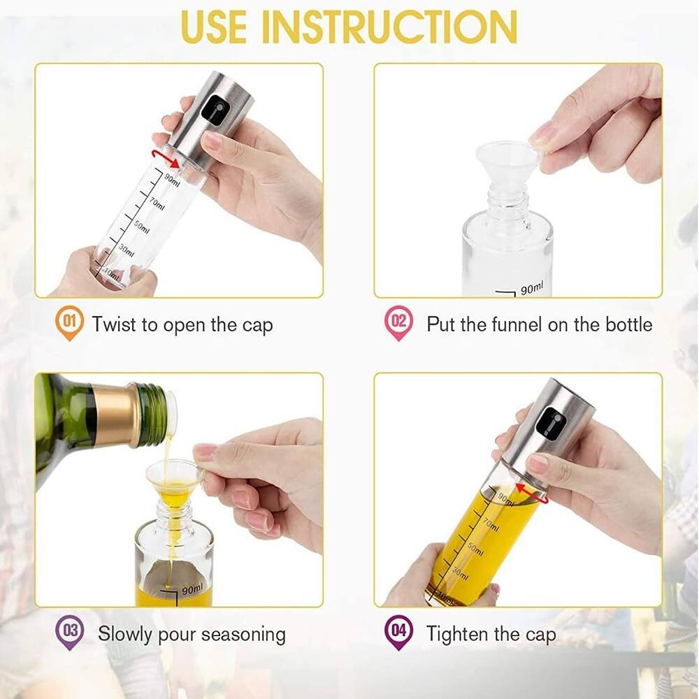 USE INSTRUCTION

01 Twist to open the cap

02 Put the funnel on the bottle

03 Slowly pour seasoning

04 Tighten the cap