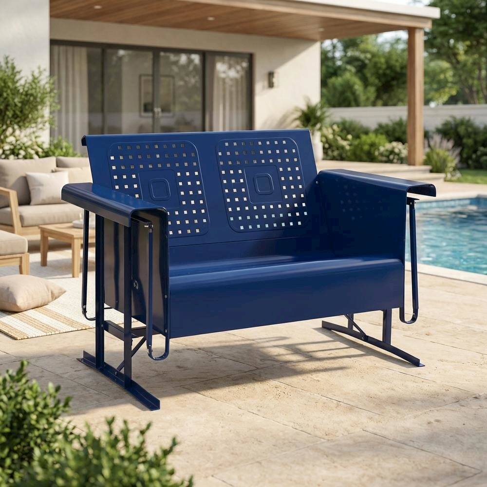 Alt View 5. Outdoor Escape - Navy Metal Patio Glider Bench – Outdoor Seating for Two with Retro Charm - Navy Gloss.